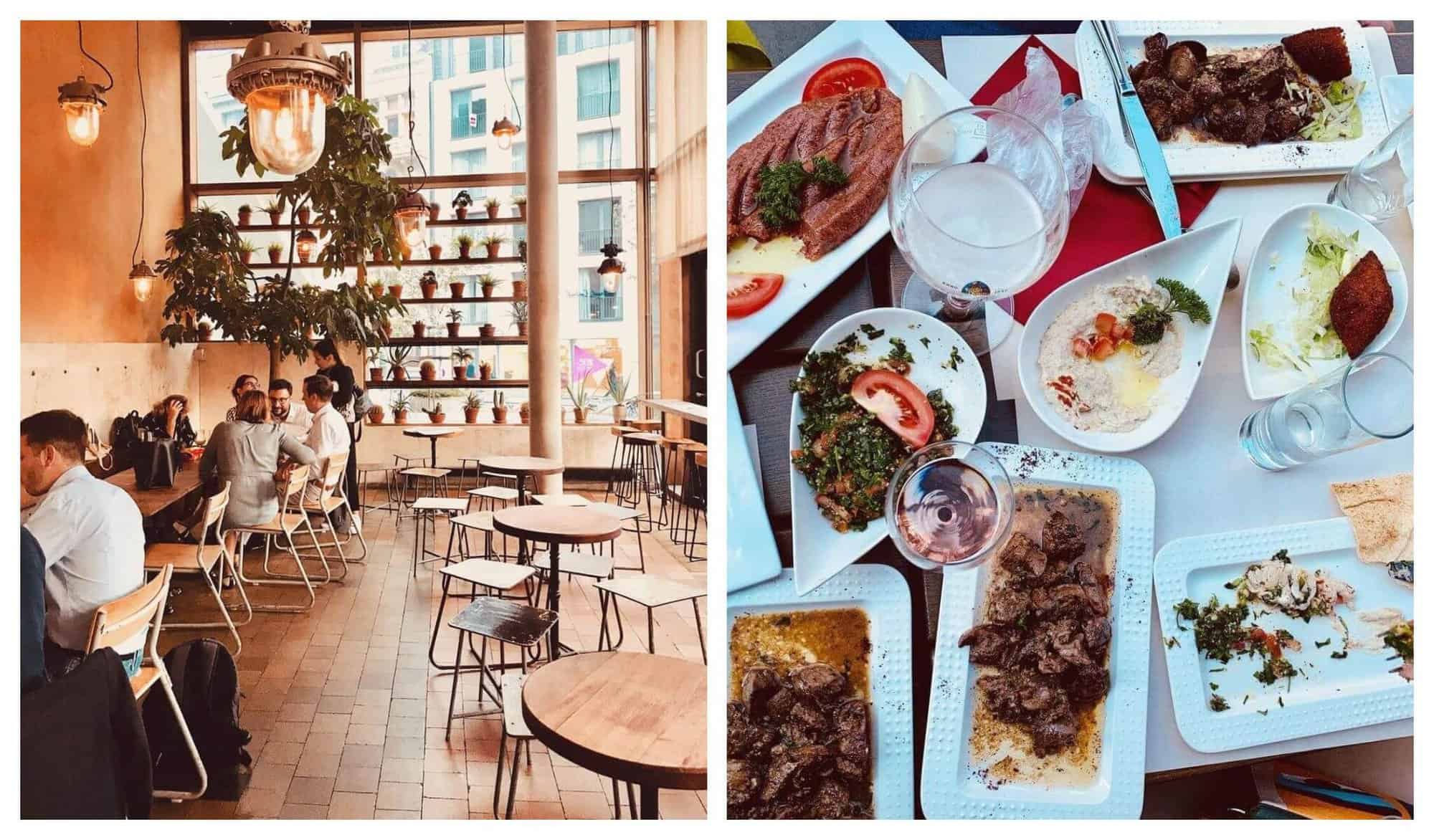 Left: Groups are gathered inside Grand Central, which is decorated with greenery and low-level lighting Right: Several colourful plates of Lebanese food are pictured from overhead at Les Vignes du Liban