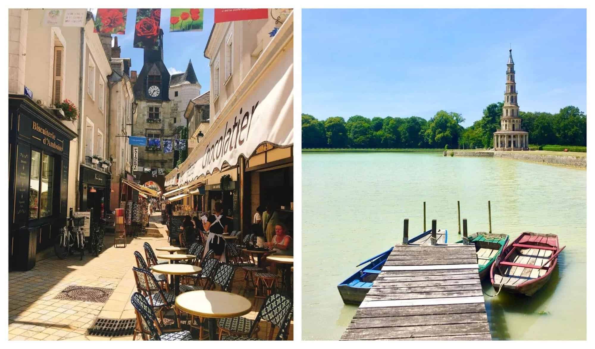 Left: Sun is shining on a busy street in Amboise. Right: Three boats are on a lake in Amboise.