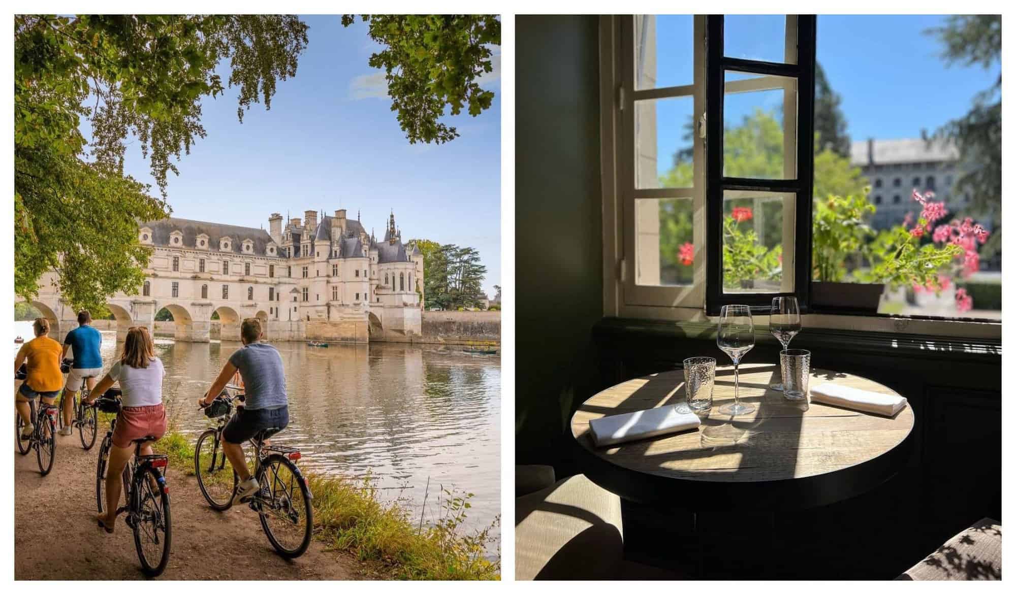 Left: A group of four cycle in front of Château Chenonceau. Right: The sun is shining on wooden dining table inside Fleur de Loire 