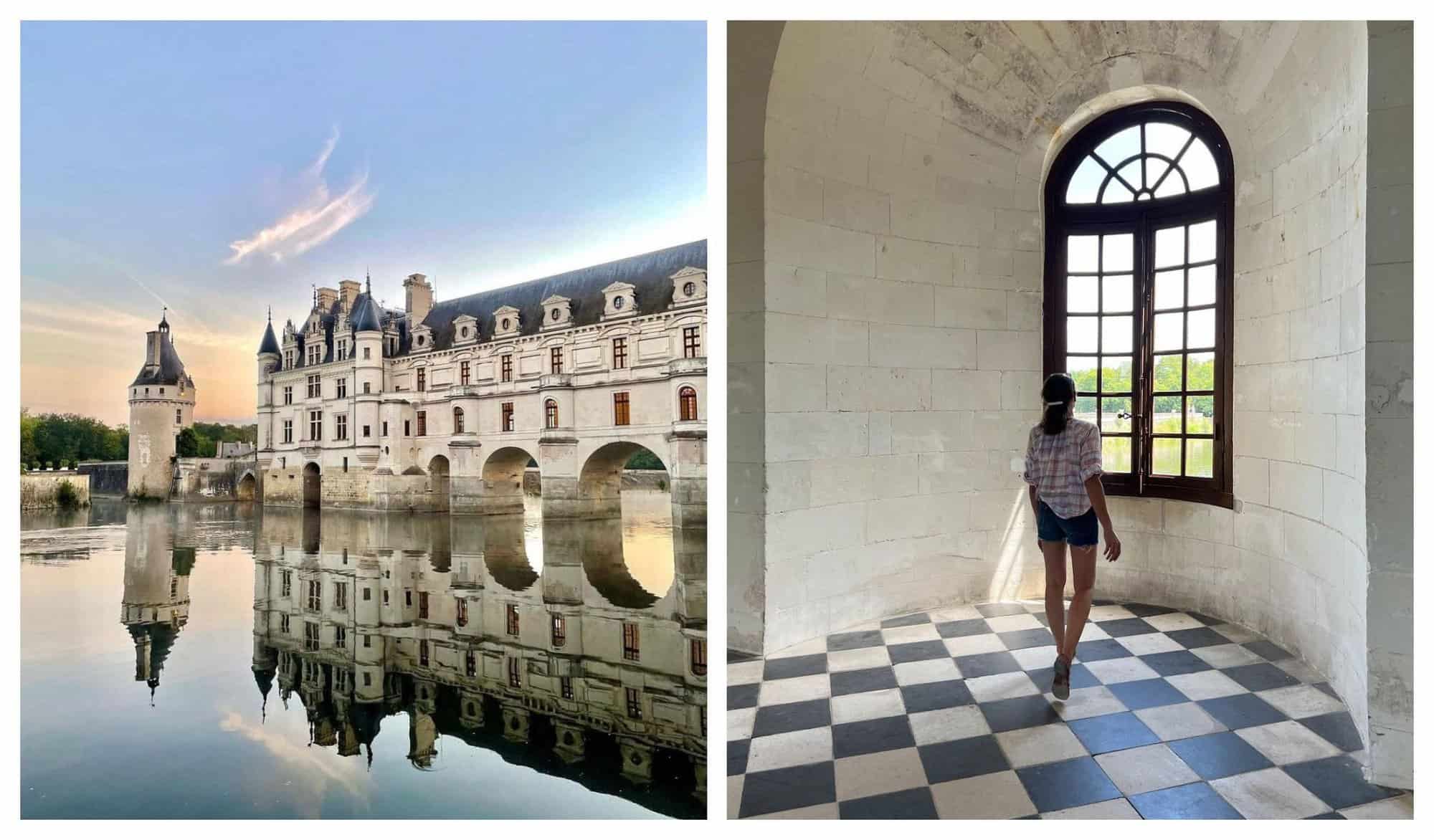 Left: Château de Chenonceau is reflected in the nearby water. Right: Woman looks out of large window inside Château de Chenonceau