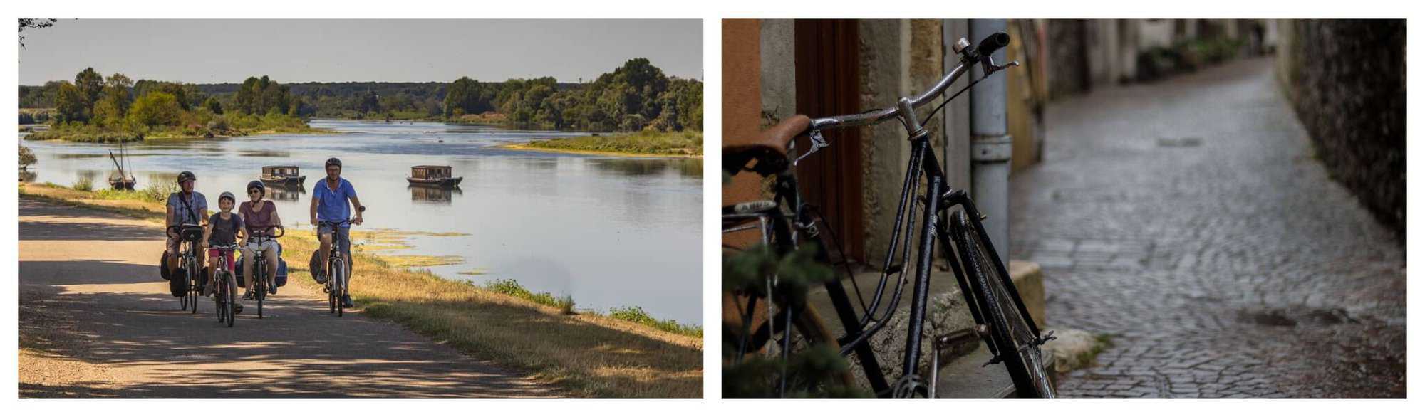 Left: Family of four cycle next to water in the Loire. Right: Old-fashioned bicycle leans up against a wall on a cobbled street
