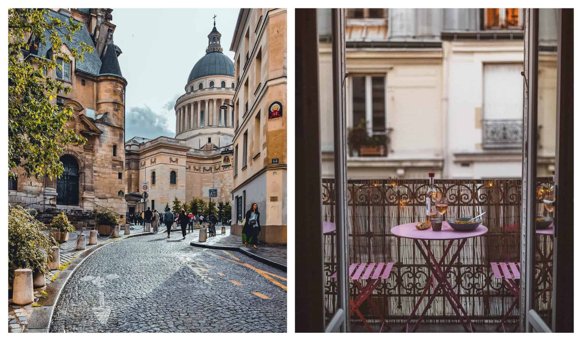 Left: A quiet street in Montmartre is illuminated by the sunshine. Right: A table (laden with food and wine) and two chairs are pictured on a Parisian balcony