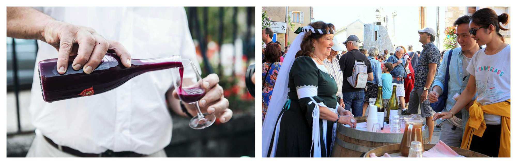 Left: A man pours a bottle of red wine into a small glass. Right: A woman in medieval costume talks to a couple of tourists.