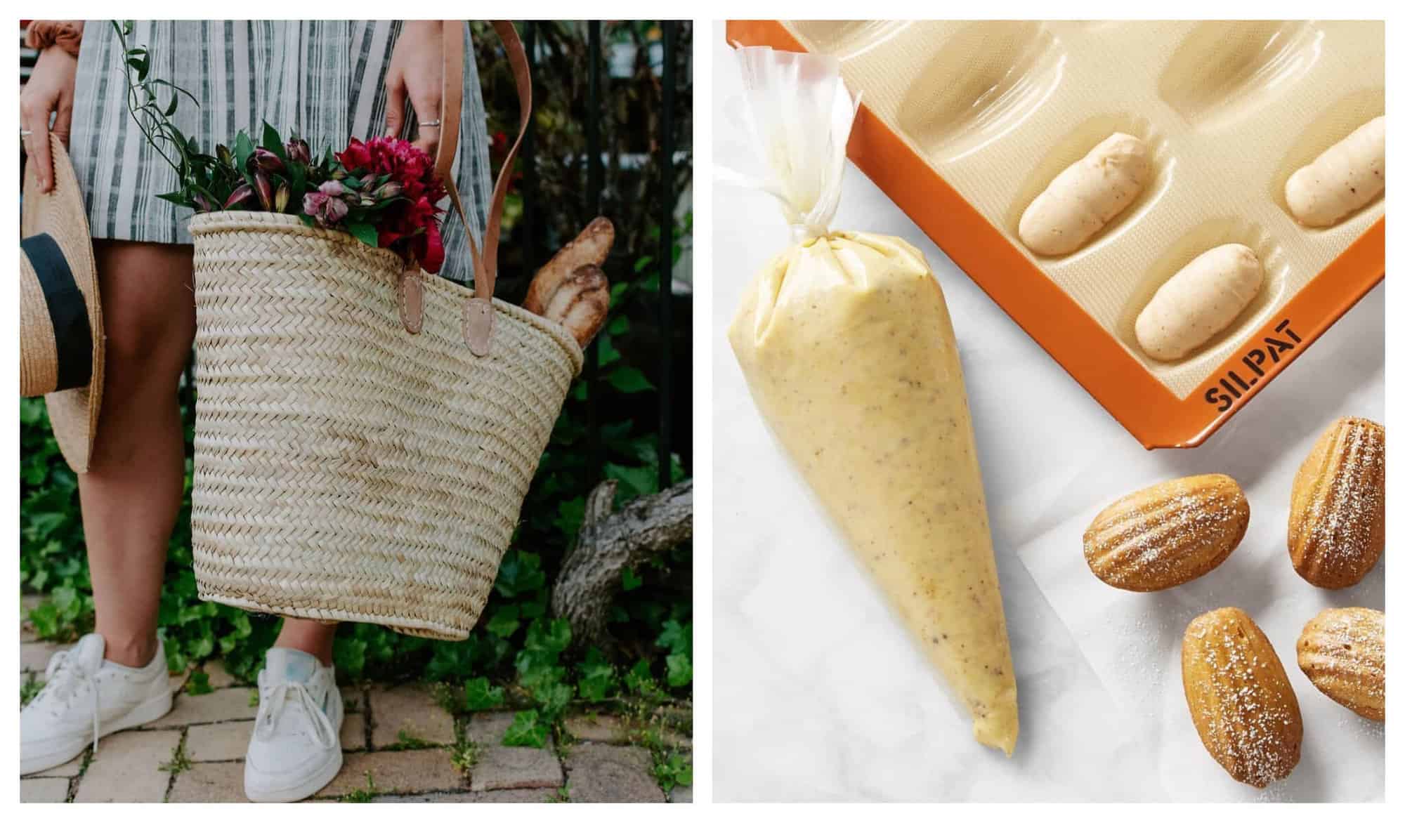 Left: A woman in a stripy dress holds a woven basket-style bag with two baguettes inside. Right: An orange Silpat mould sits to the left of a piping-bag full of madeleine mixture