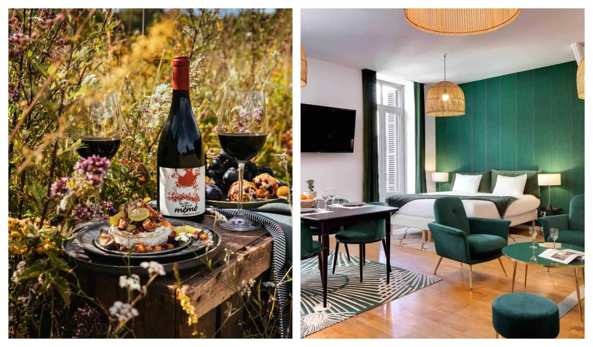 Left: A bottle of wine with red and white design, in between two glasses of red wine, and a plate of food. Right: A hotel room decorated with green walls, green chairs, green pillows, and wooden lamps.
