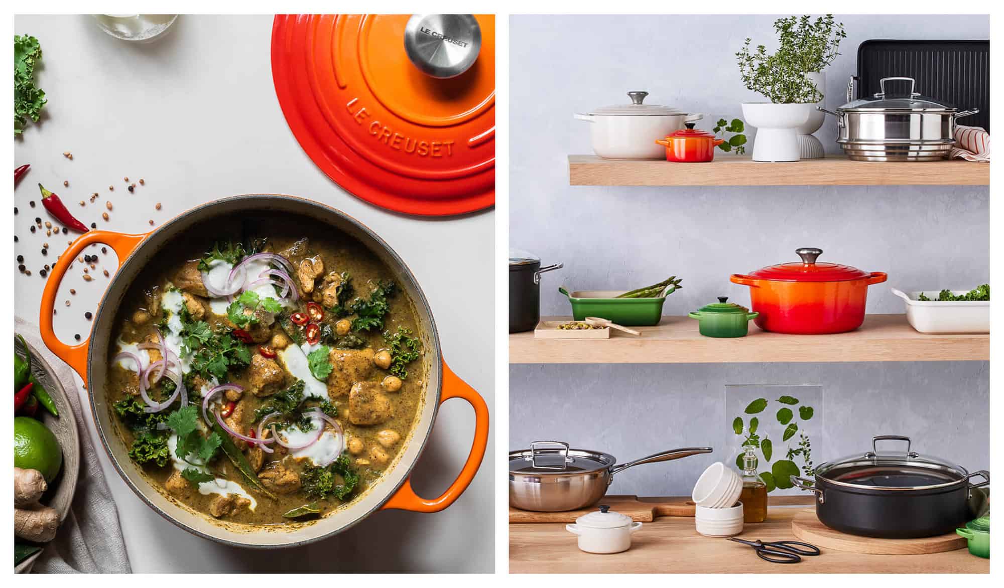 Left: An orange Le Creuset cooking dish is pictured with a chickpea curry inside. Right: Various Le Creuset kitchenware (casserole dishes, baking dishes, frying pans) are displayed on a wooden shelf