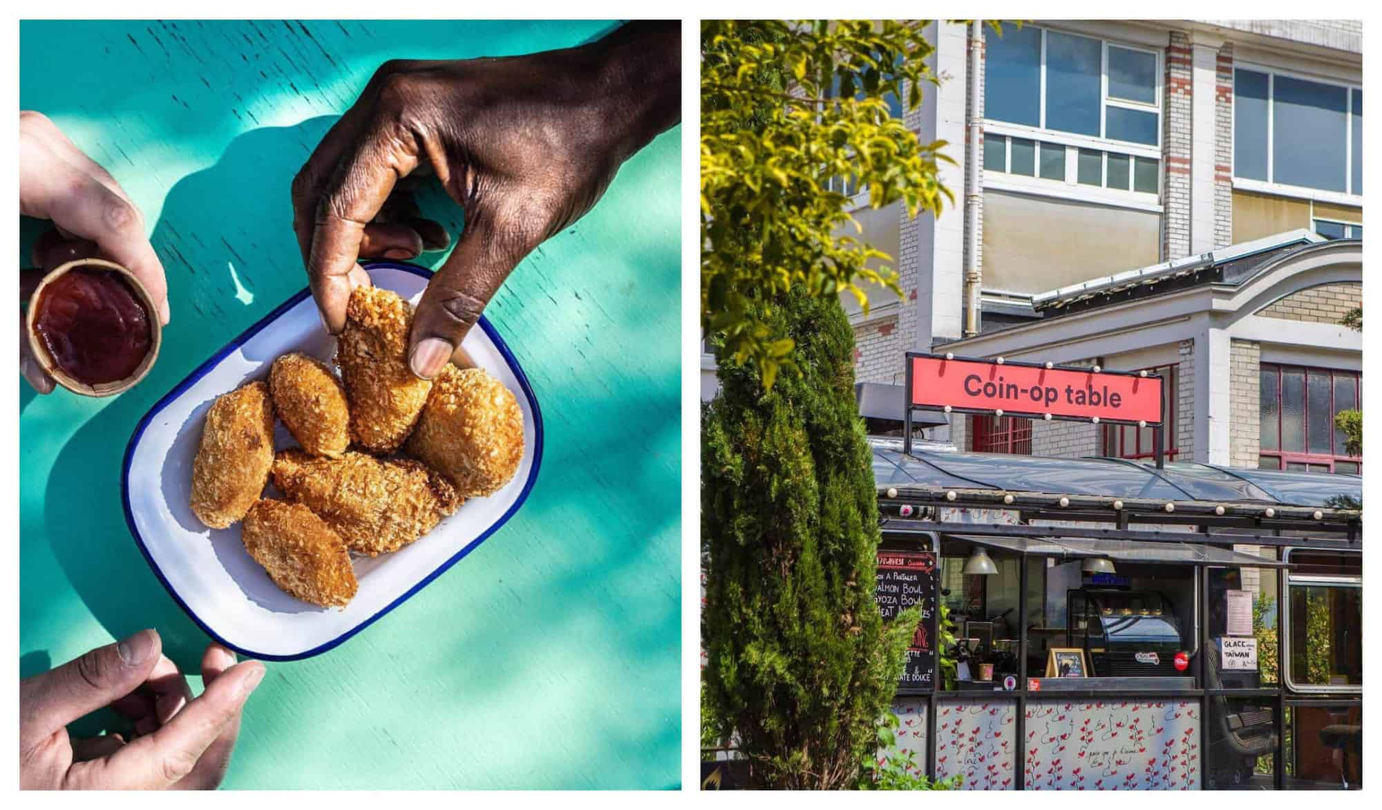 Left: Two hands are picking a white plate filled with brown chicken nuggets. Right: In front of a restaurant's take-out counter with its cashier's desk and the restaurant menu boards.