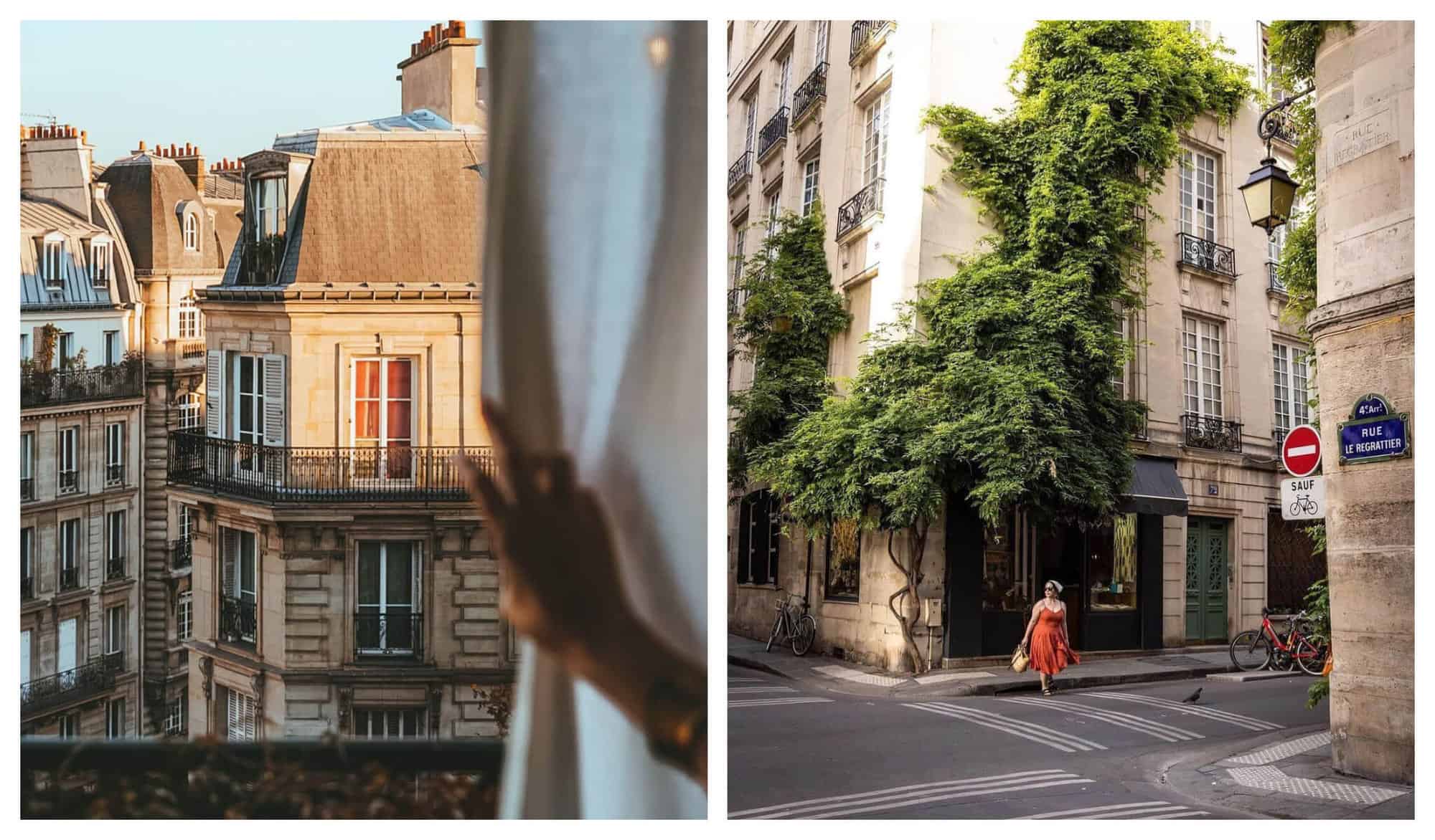 Left: A woman looks outside of a window across the street at another Parisian apartment. Right: A woman in a red dress is pictured walking on a quiet Parisian street