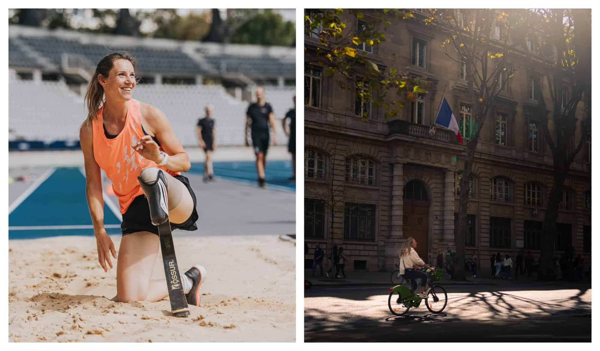 Left: A female athlete with an artificial left leg smiles in her orange shirt. Right: A woman in white shirt and black pants rides a green bicycle in Paris.
