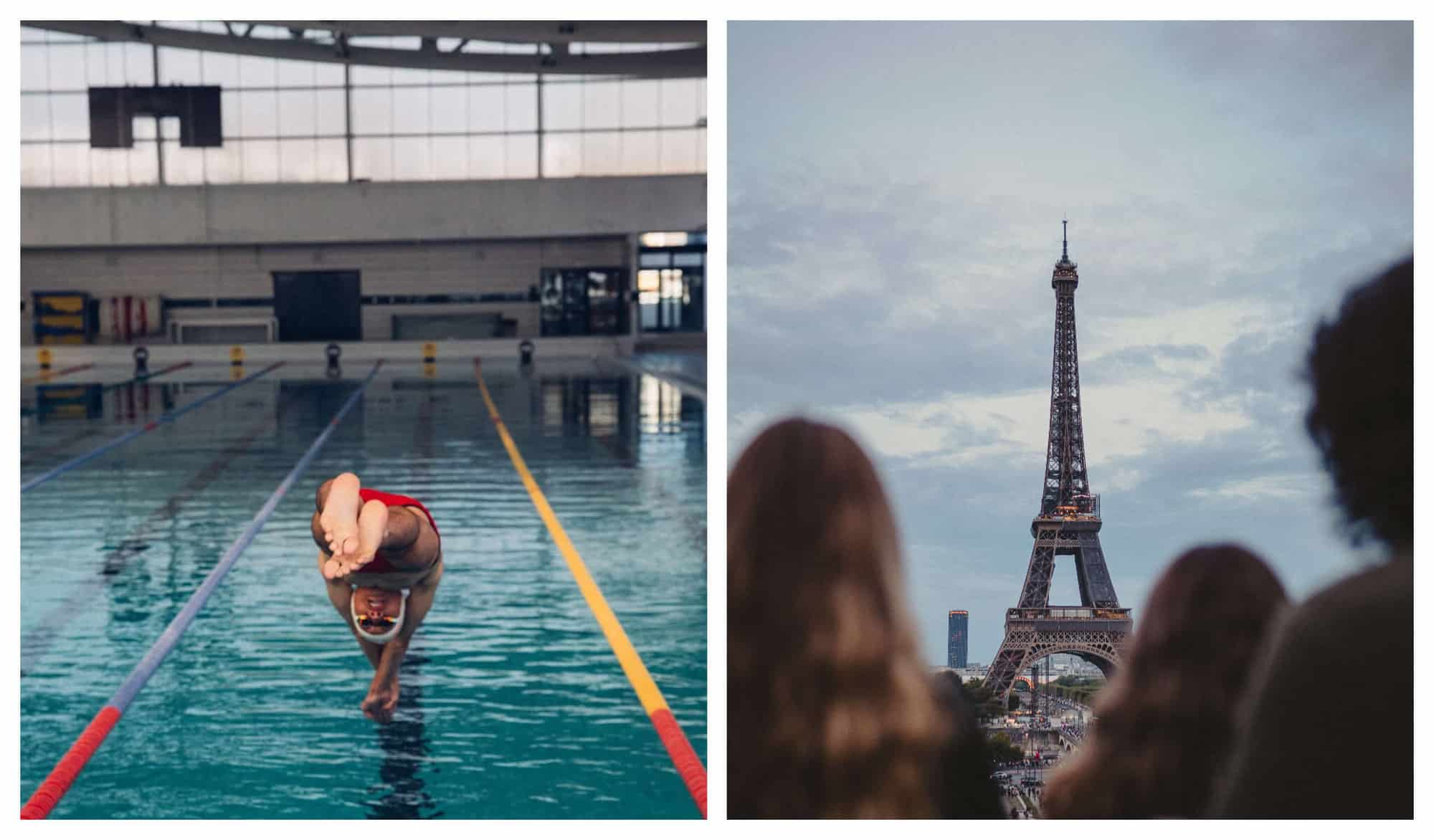 Left: A swimmer in red trunks dives into a blue olympic lap pool. Right: 3 onlookers stare at the Eiffel Tower and the gloomy sky.
