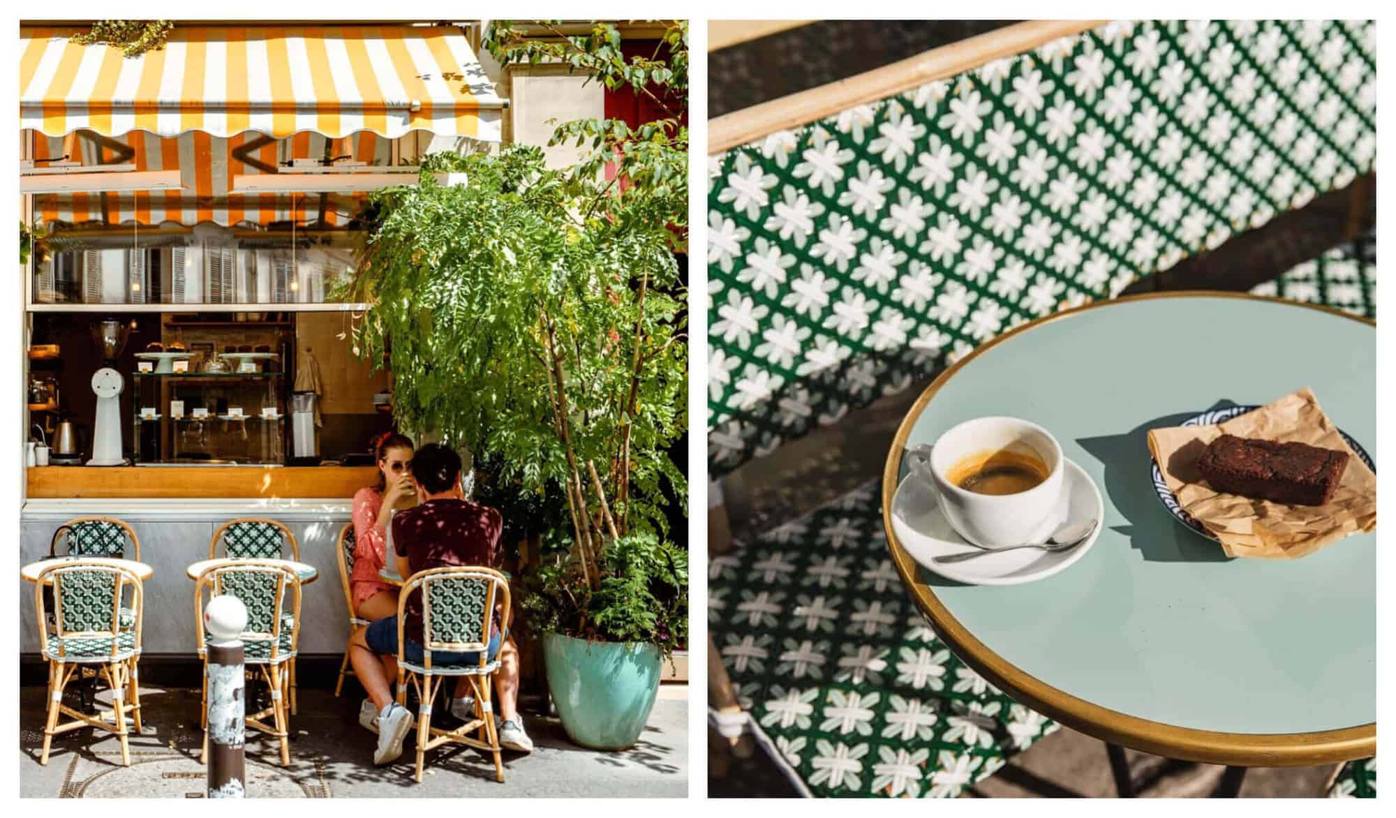 Left: A man and a woman are drinking beverages at a terrace of a restaurant with green tables and chairs and yellow and white tents. Right: A cup of espresso and a rectangular brownie are served atop a mint colored table with gold finishing.