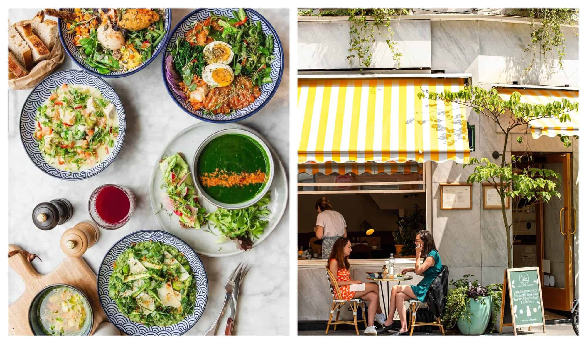 Left: A lunch spread filled with colorful dishes in blue plates, a green soup with orange garnish, and a cup of red vinegar sauce. Right: Two women are dining at a restaurant terrace under yellow and white tents.