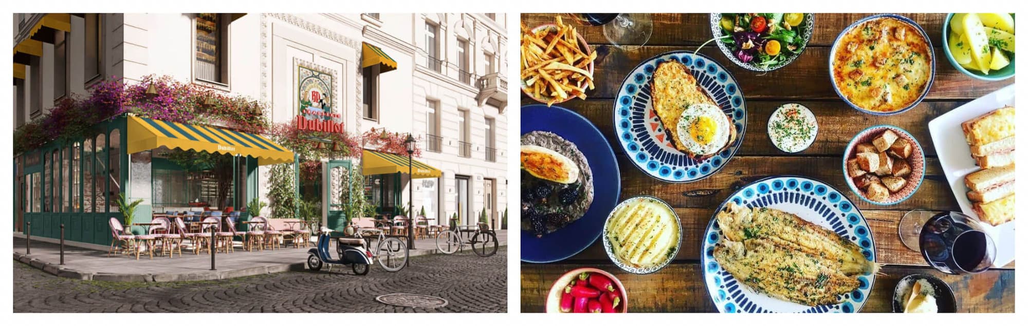 Left: A Parisian restaurant with green walls, green and yellow striped tents, and pink flowers. Right: A wooden dining table filled with brown fried dishes in blue and white circular plates.