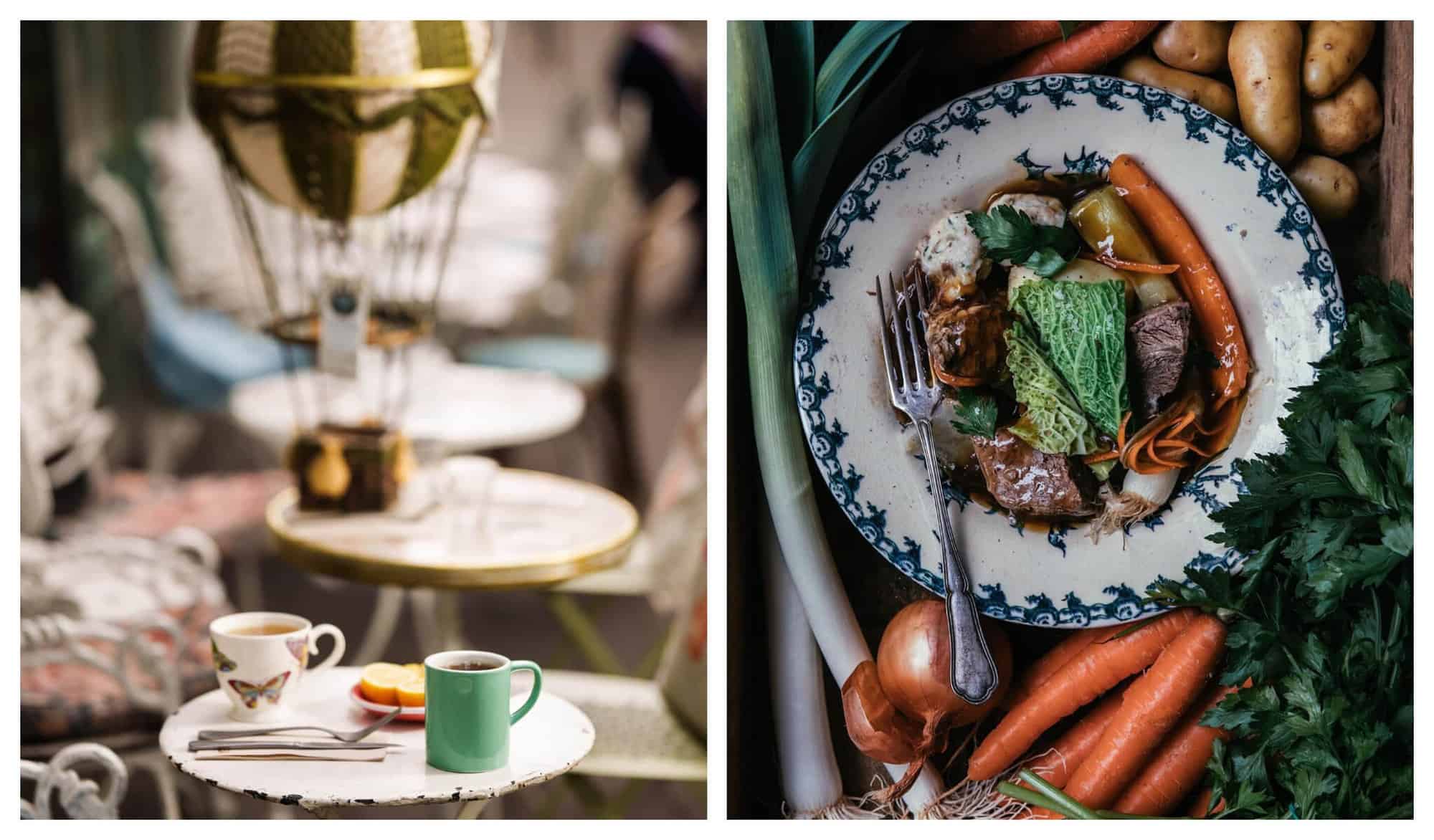 Left: A morning table with two mugs of coffee on top of a white circular table. Right: A beef dish with orange carrots and green lettuce, served on a circular plate.