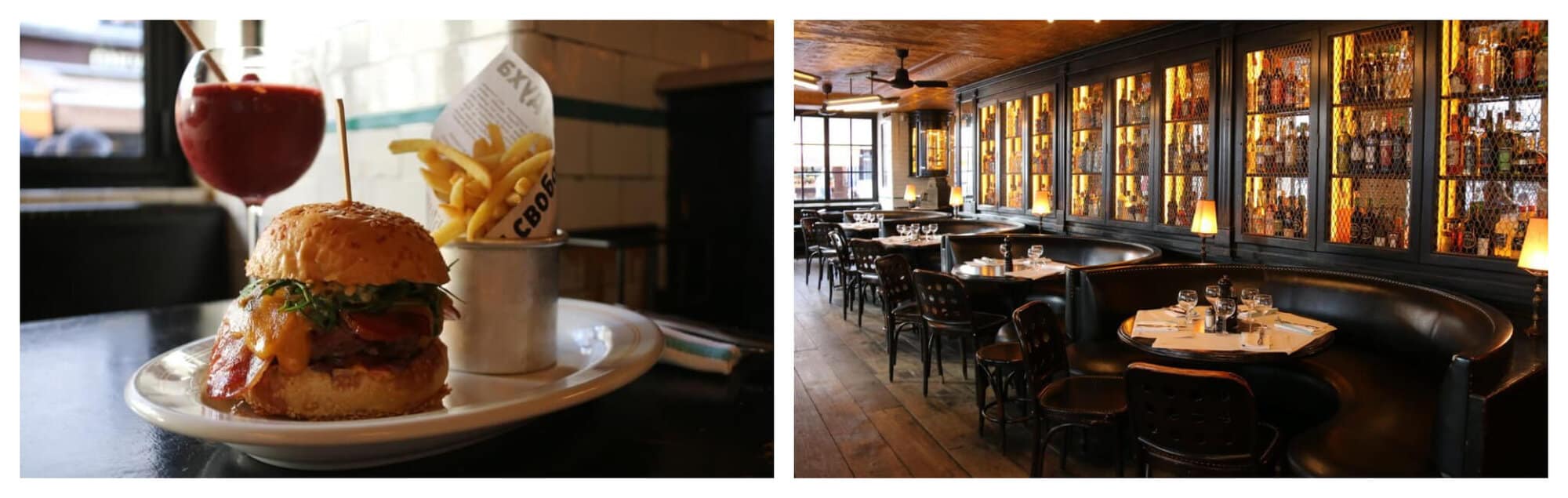 Left: A huge hamburger with a tin cup of yellow potato fries and a glass of red cocktail. Right: An interior of a restaurant with dark brown leather couches, dark brown chairs, and a long cabinet full of wine and spirits.