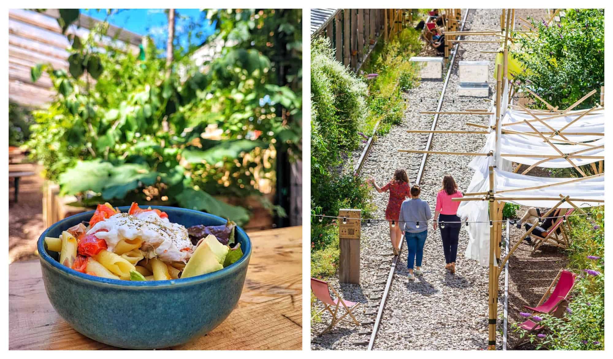 Left: A pasta bowl with white dressing and red bell peppers in a blue green bowl sits in a wooden table. Right: Three women are walking along the rails of an old train line filled with white tents and green shrubs.