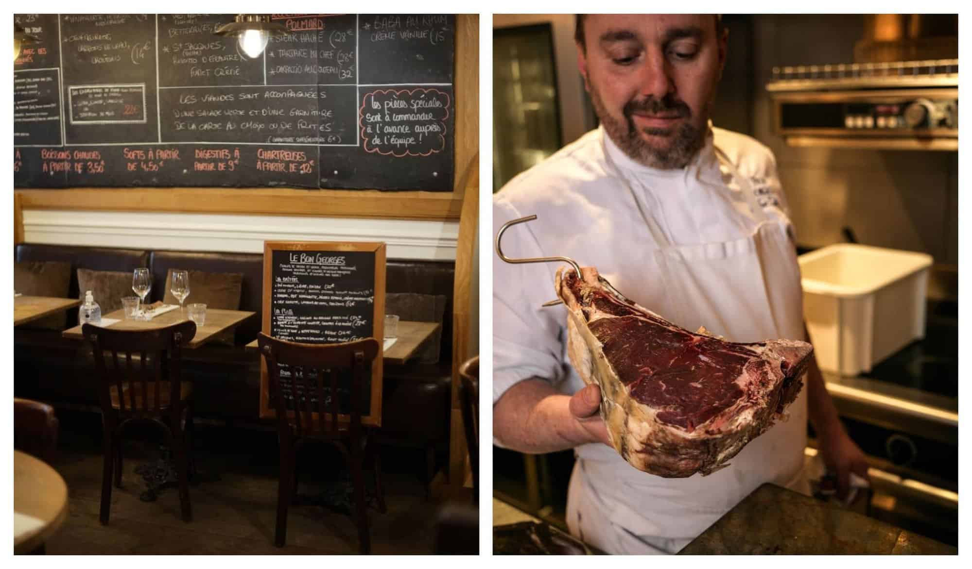 Left: A chalk board is displayed inside the main seating area of Le Bon Georges, with the daily food and drink specials written on it. Right: Le Bon Georges' Chef, dressed in chef whites, holds up a cut of beef towards the camera