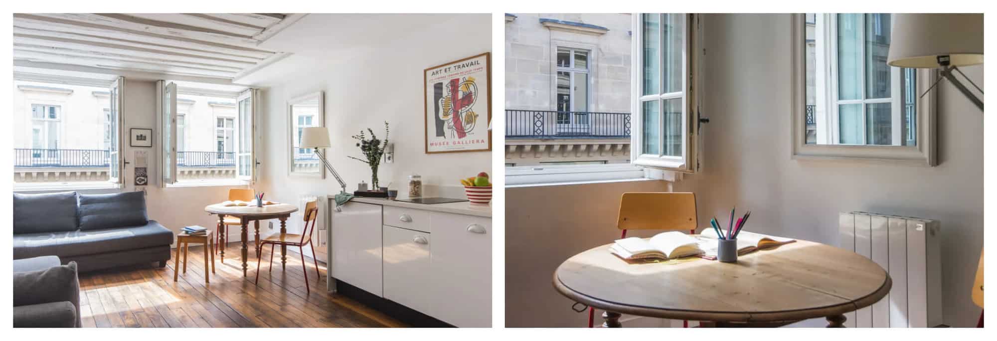 Left: A wooden table and grey sofa sit inside a light-filled Parisian apartment Right: sunlight shines through the window onto a wooden desk, which is topped with notebooks and pencils