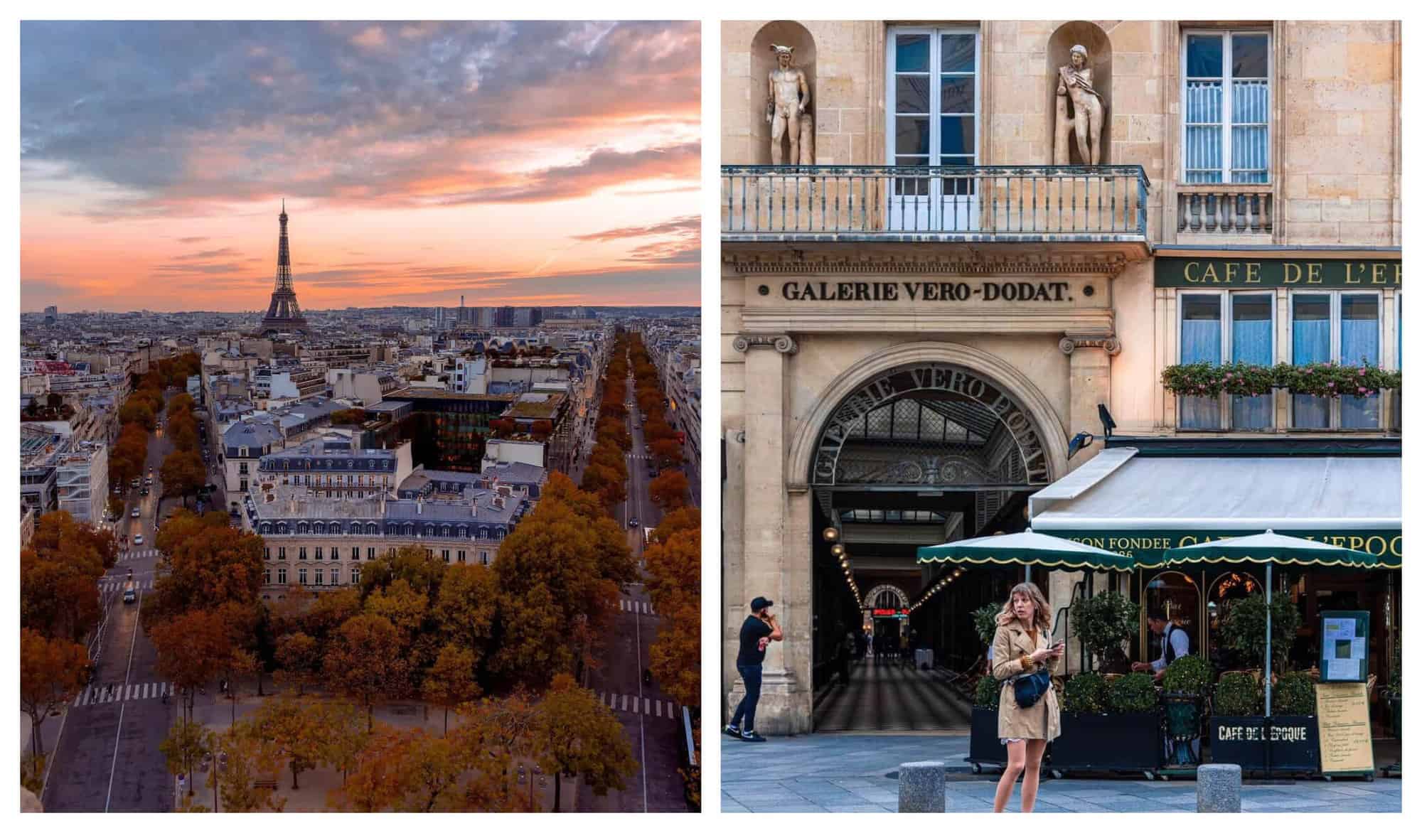 Left: Parisian streets lined with brown colored trees during sunset. Right: A woman in a beige trench coat stands in front of a bar with green parasols.