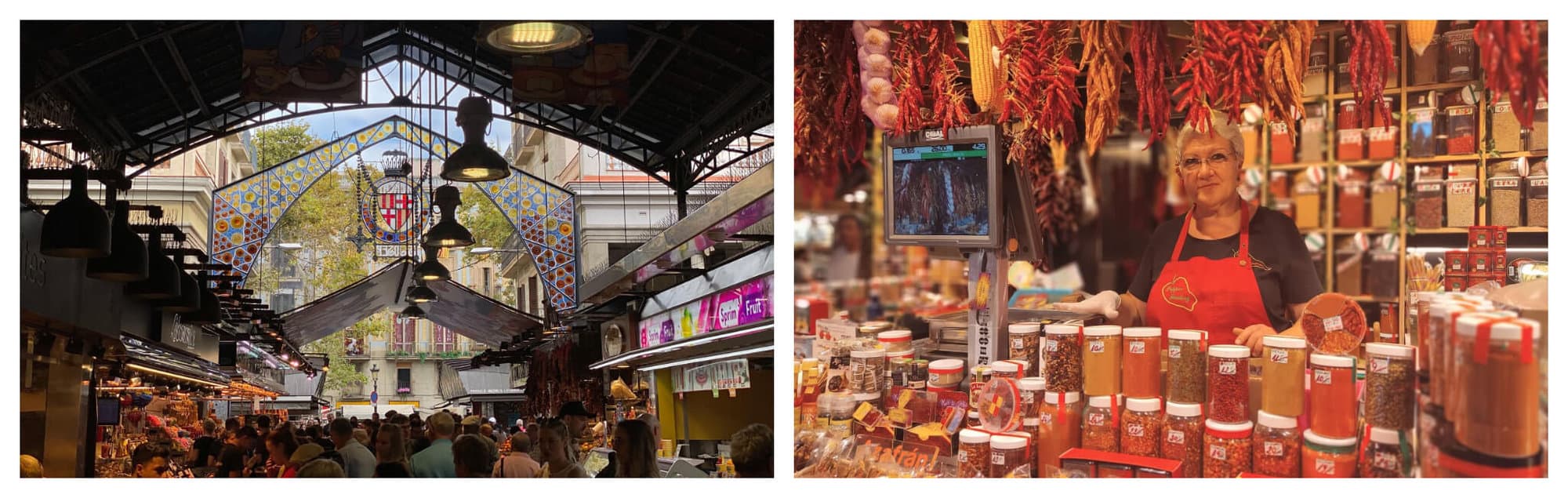 
Left: The Boqueria market in Barcelona, packed with stores and people. Right: A lady vendor selling spices and dried chillies at Barcelona's Boqueria.