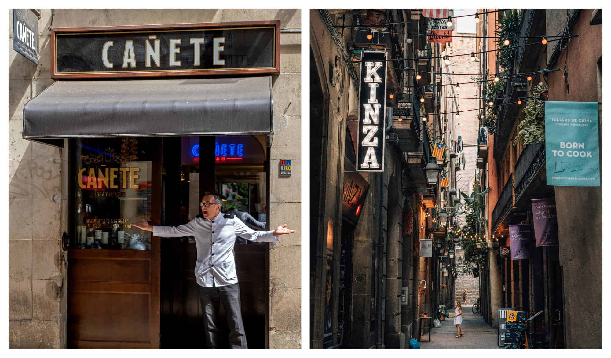 Left: The entrance of Canete restaurant in Barcelona, with wooden doors and black finishing. Right: A young girl walks through a narrow Barcelona street with fairy lights.