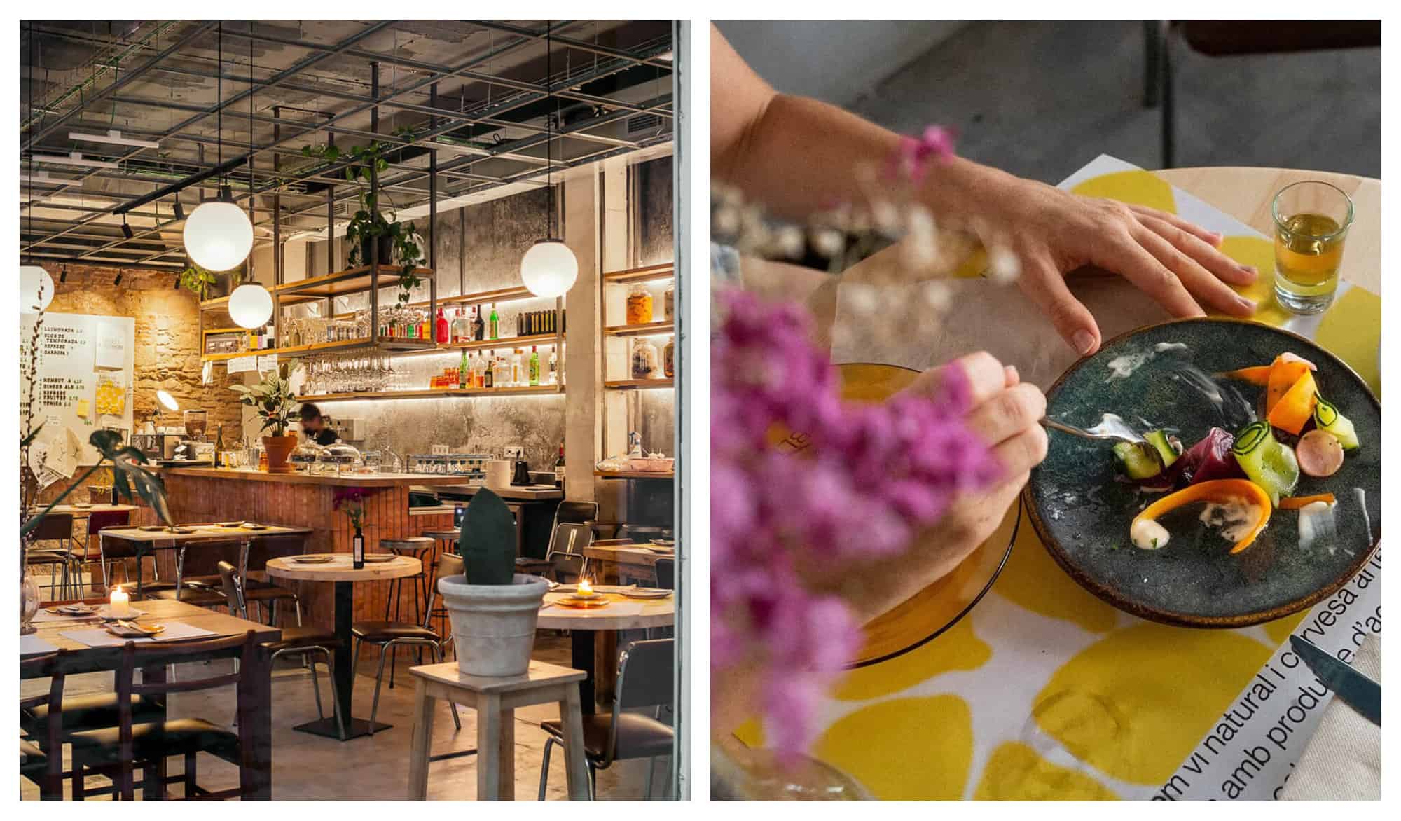 Left: An industrial chic interior of a restaurant with white marbled tables. Right: A customer eats a plate of appetizer with colorful vegetables and a shot of yellow liquor.
