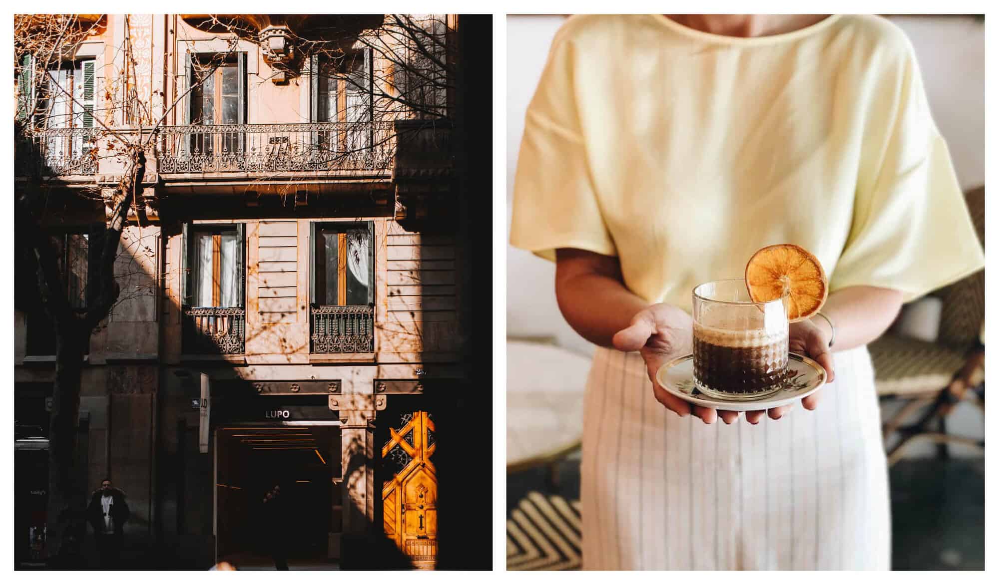 Left: A man waits in the shade in front of a building with a wooden door. Right: A woman in a yellow shirt hands a coffee garnished with an orange.