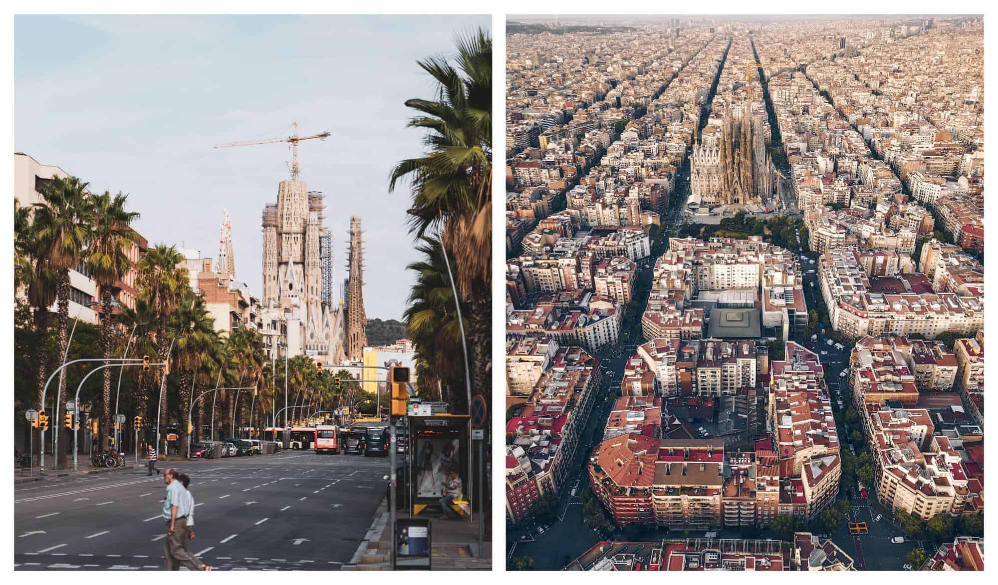 Left: A man and a woman crosses the street with a view of a tall basilica. Right: A bird's eye view of Barcelona's super blocks.