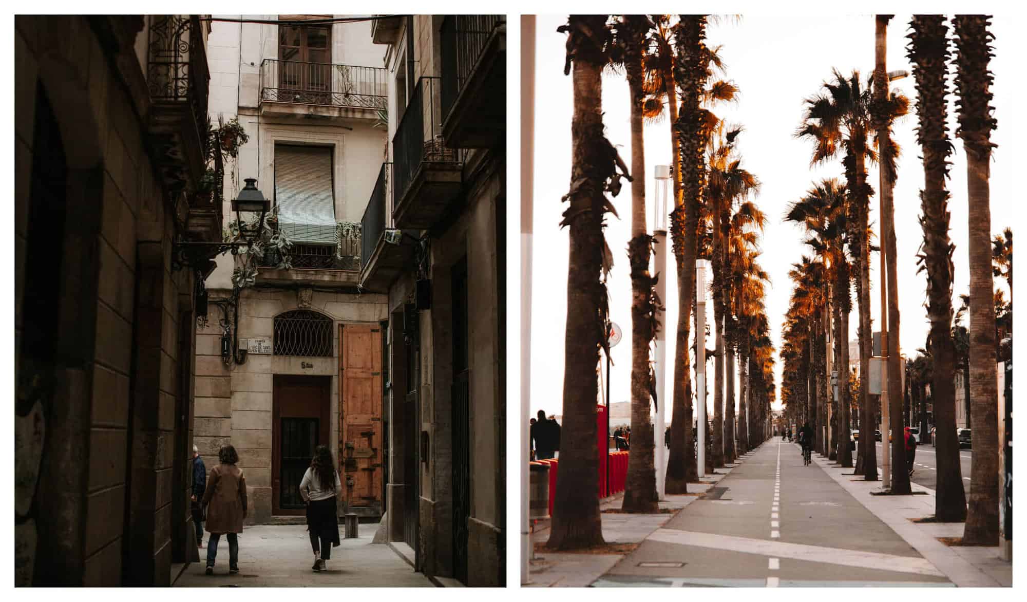 Left: A woman with long black hair walks through a narrow street in Barcelona. Right: A cycling path lined with palm trees during a Barcelona sunset.