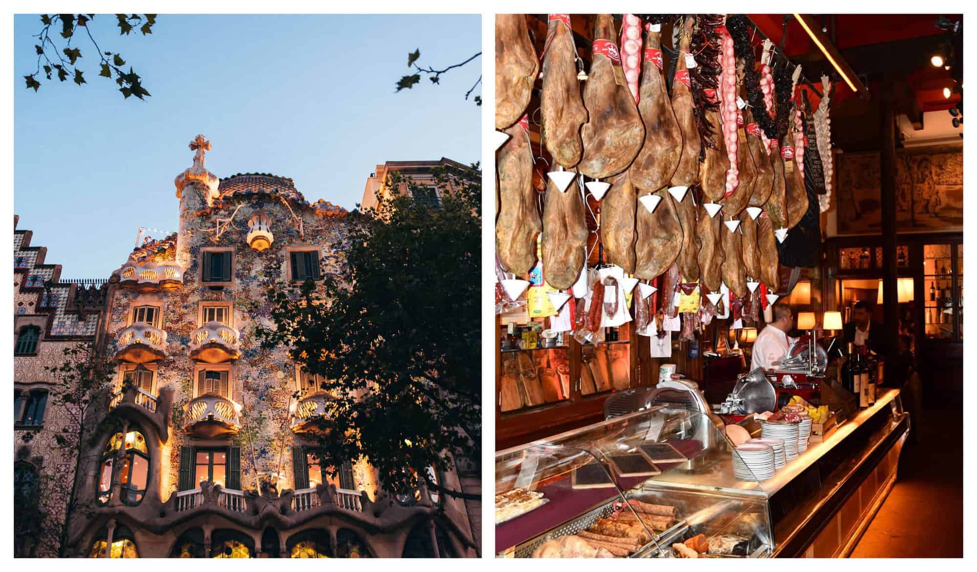 Left: Gaudi's Casa Battlo lit up with yellow lights at dusk. Right: A restaurant entrance filled with smoked ham and cheese.