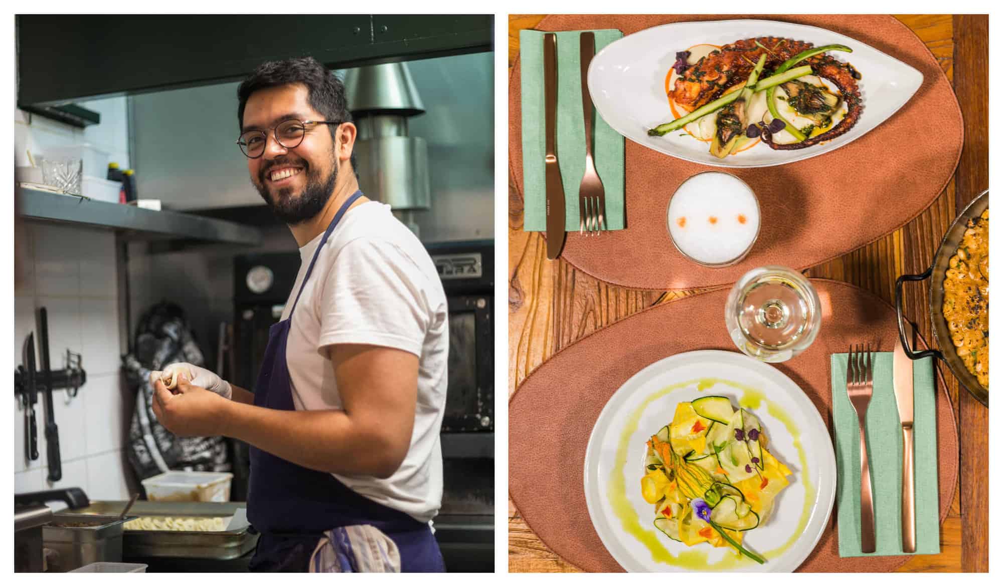 Left: Selva chef Felipe Camargo smiles while at work in his blue apron. Right: A table with two plates of food from Selva, golden cutlery, white cocktail, and white wine.