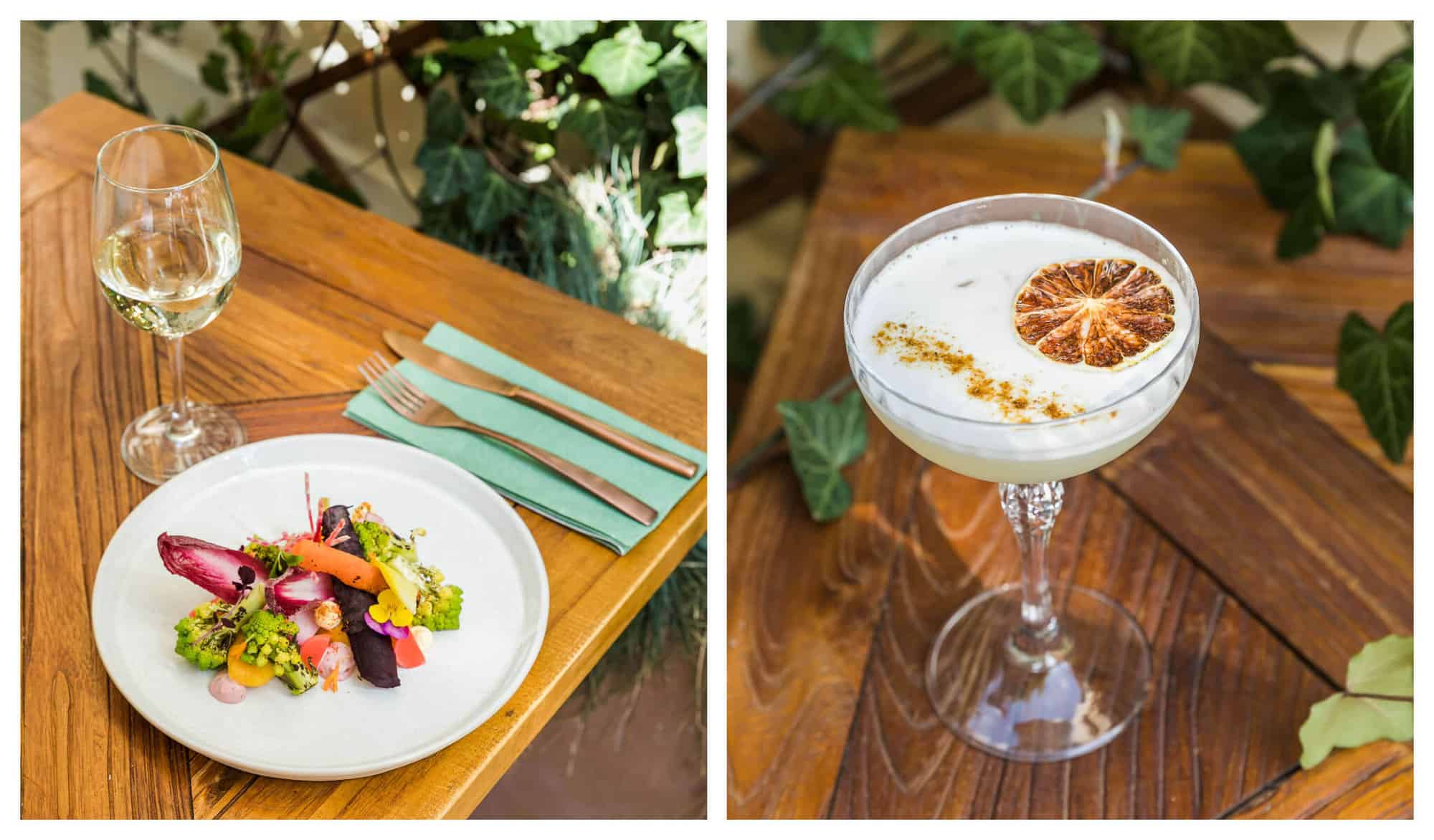 Left: A dish of vegetables from Paris's Selva on a white plate paired with a glass of white wine. Right: A margarita drink in a goblet, garnished with dried orange bitter.