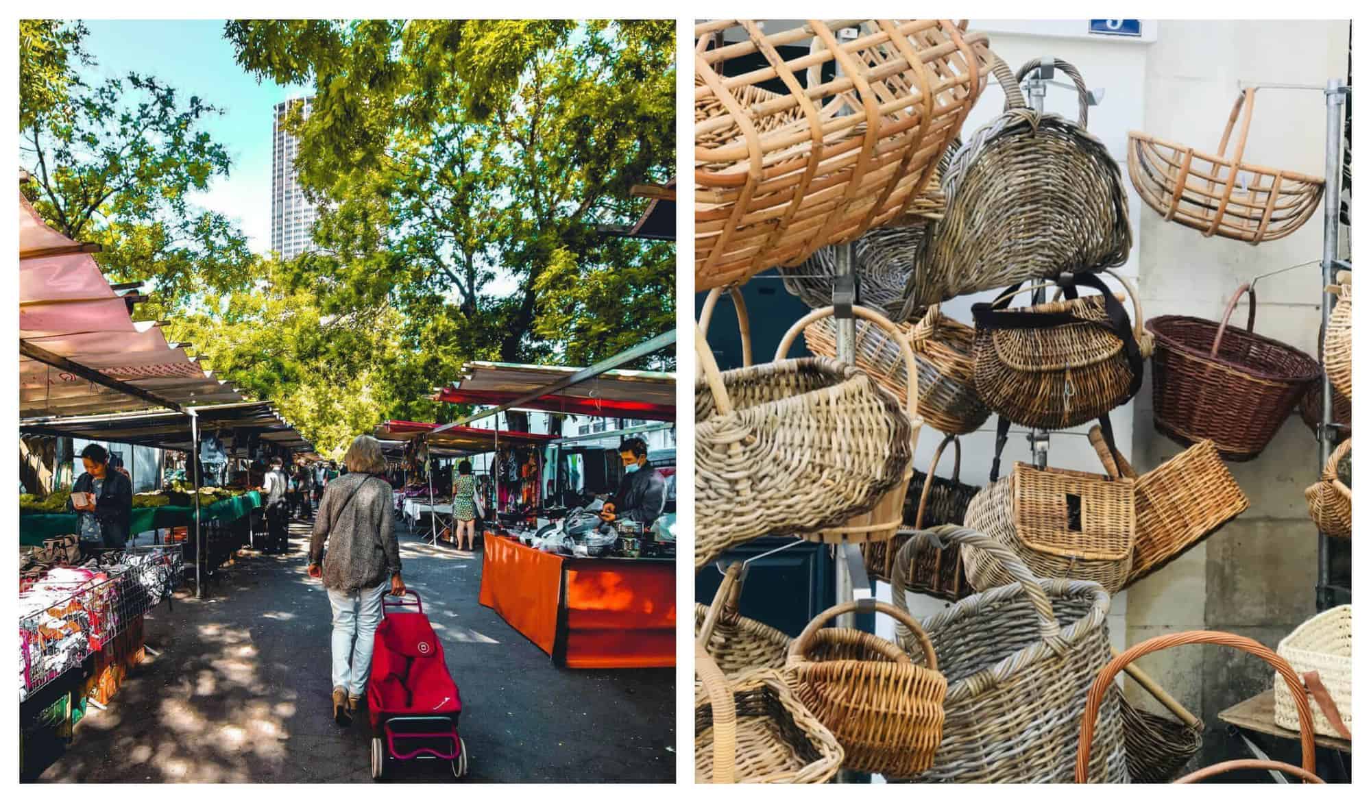 Left: A woman walks in a Parisian market with her red caddy. Right: Different types of woven baskets on display at a Parisian market.
