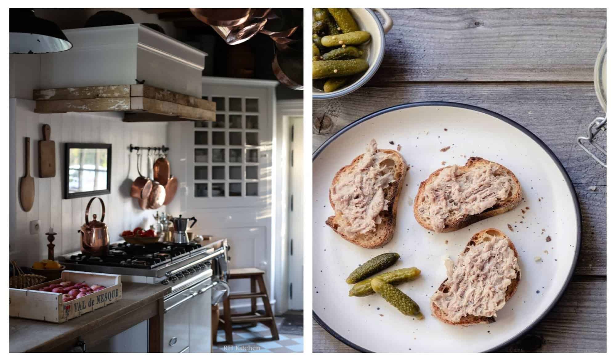 Left: A French kitchen with apples in a box on the counter next to the stove. There is a copper kettle on the stove and copper pans hanging nearby. Right: A plate of rillette on bread and cornichons, ready to eat.