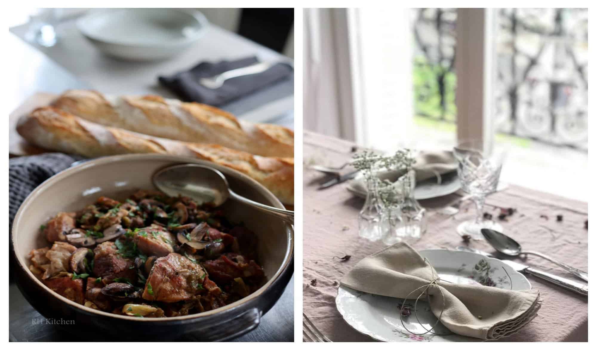 Left: A bowl of porc a la moutarde ready to eat with a spoon. Two baguettes are in the background. Right: A clean, cool toned table setting with a white table cloth and a white napkin tied with twine on a floral plate.