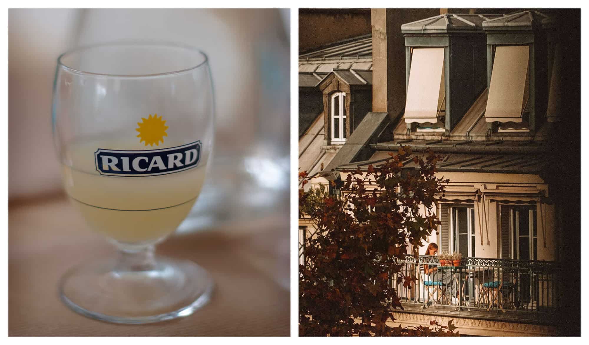 Left: A glass of Ricard half full. Right: A woman enjoys her Parisian balcony just in time for sundown.