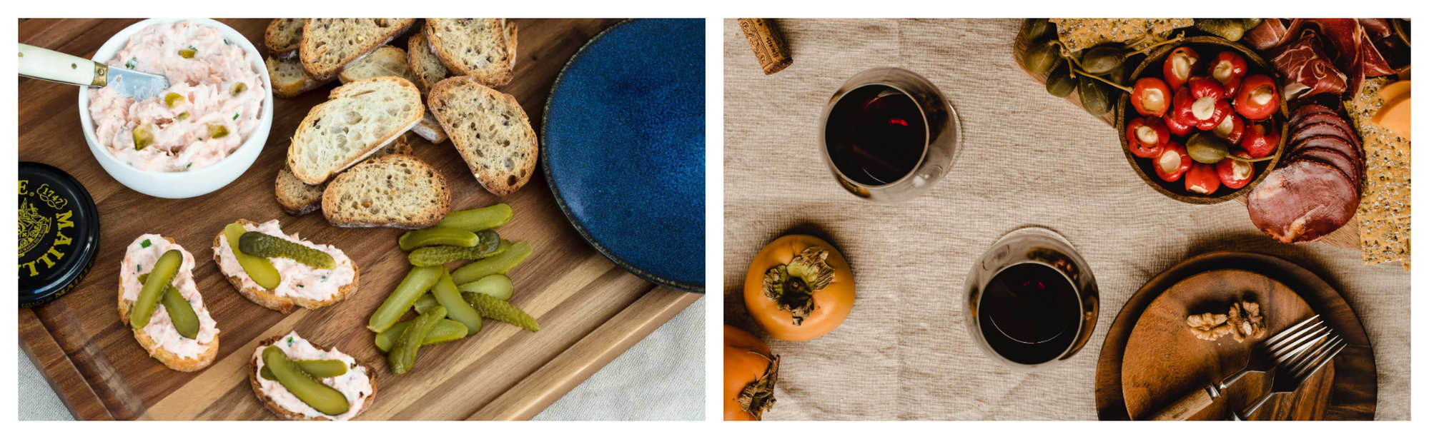 Left: A charcuterie board of rillettes and cornichons, ready to be enjoyed on sliced French bread. Right: A table with two glasses of red wine and a full charcuterie board from a bird's eye view with a tan tablecloth.
