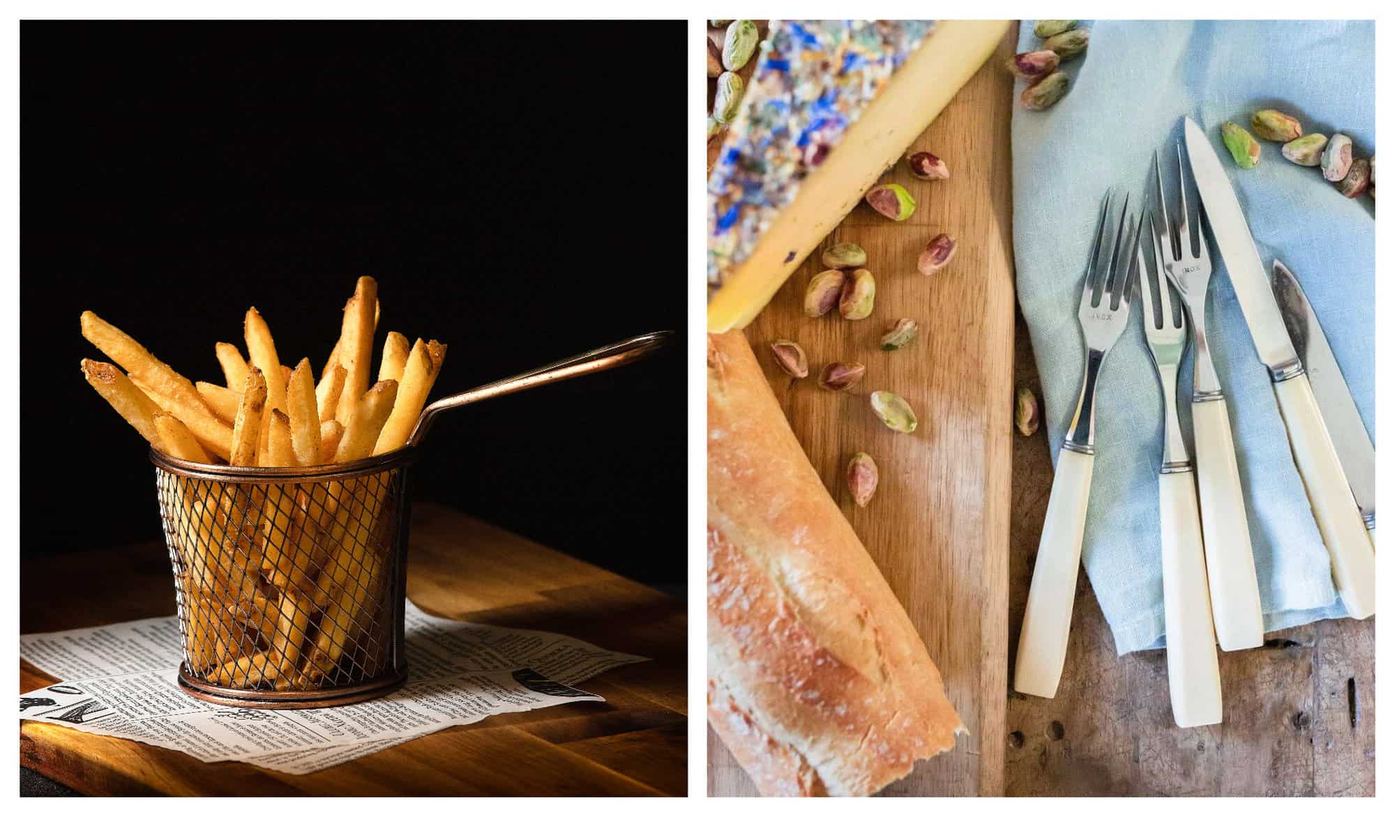 Left: French fries served in the frying basket with newspaper underneath it on a wooden table. Right: A set of cutlery on a light blue cloth next to a baguette and some pistachios scattered around.