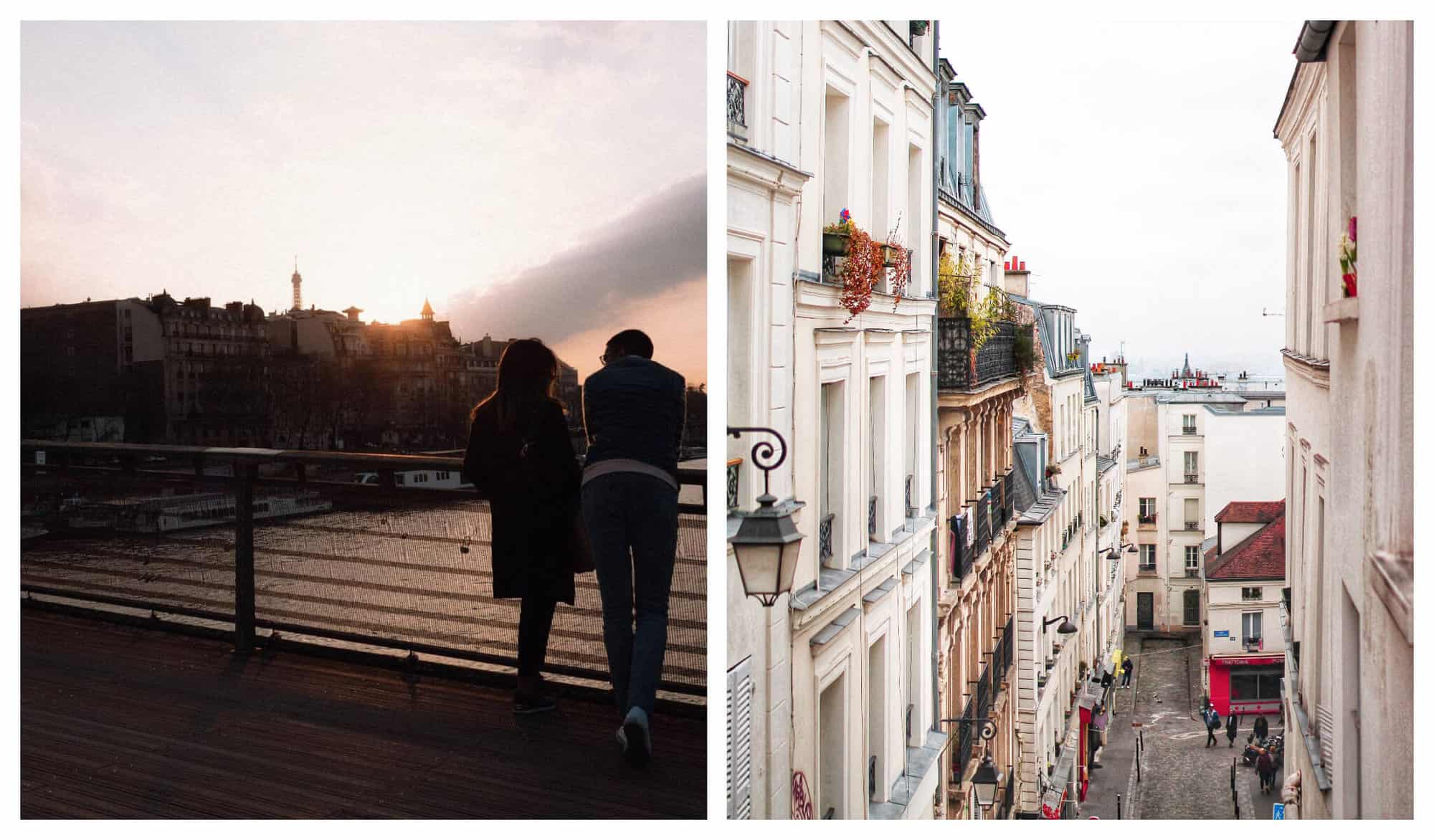 Left: A couple lean on a railing of a bridge overlooking the Seine river just past golden hour. Right: A view of a bright yet foggy day in Montmartre, looking down the hill of a street.