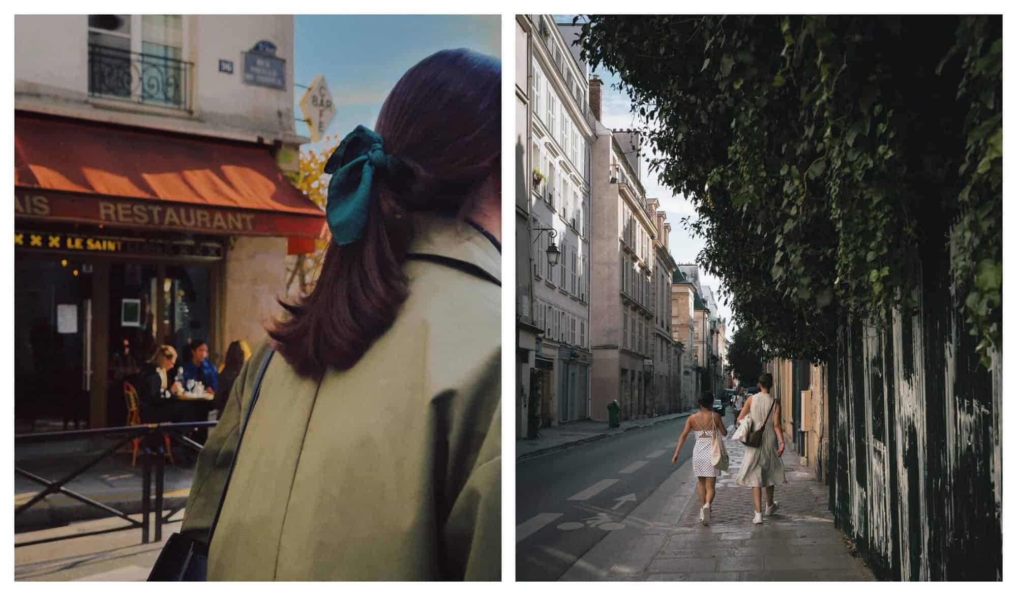 Left: A woman's hair is tied back into a ponytail with a dark green ribbon as she passes the camera and her back is captured with a restaurant in the background. Right: Two women walk down a street with dense leaves above them, the sun hidden by buildings.