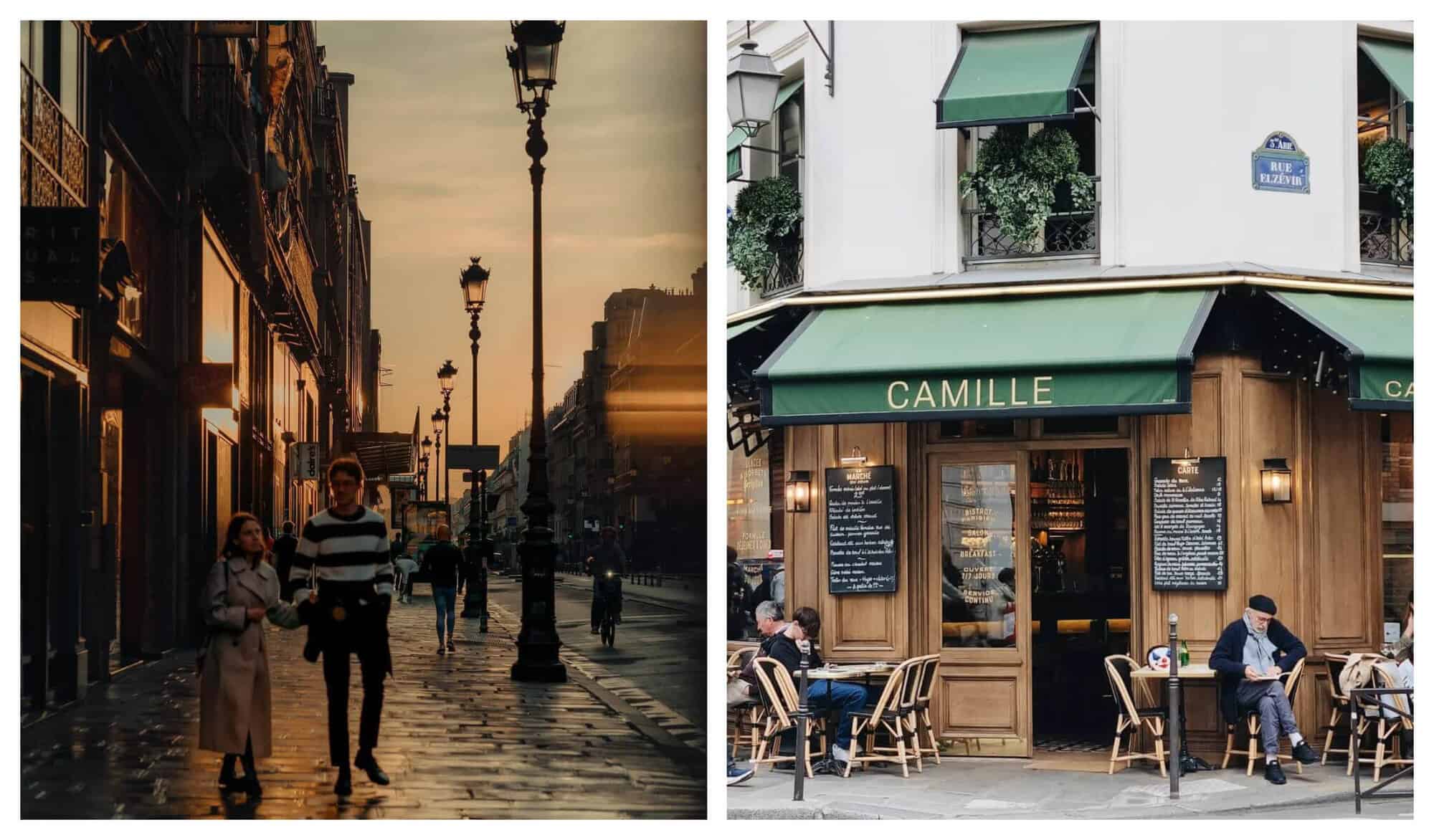 Left: A couple stroll hand in hand on a rainy Parisian evening, the streetlamps already lit. Right: An afternoon in cafe Camille, where patrons sit down to lunch.