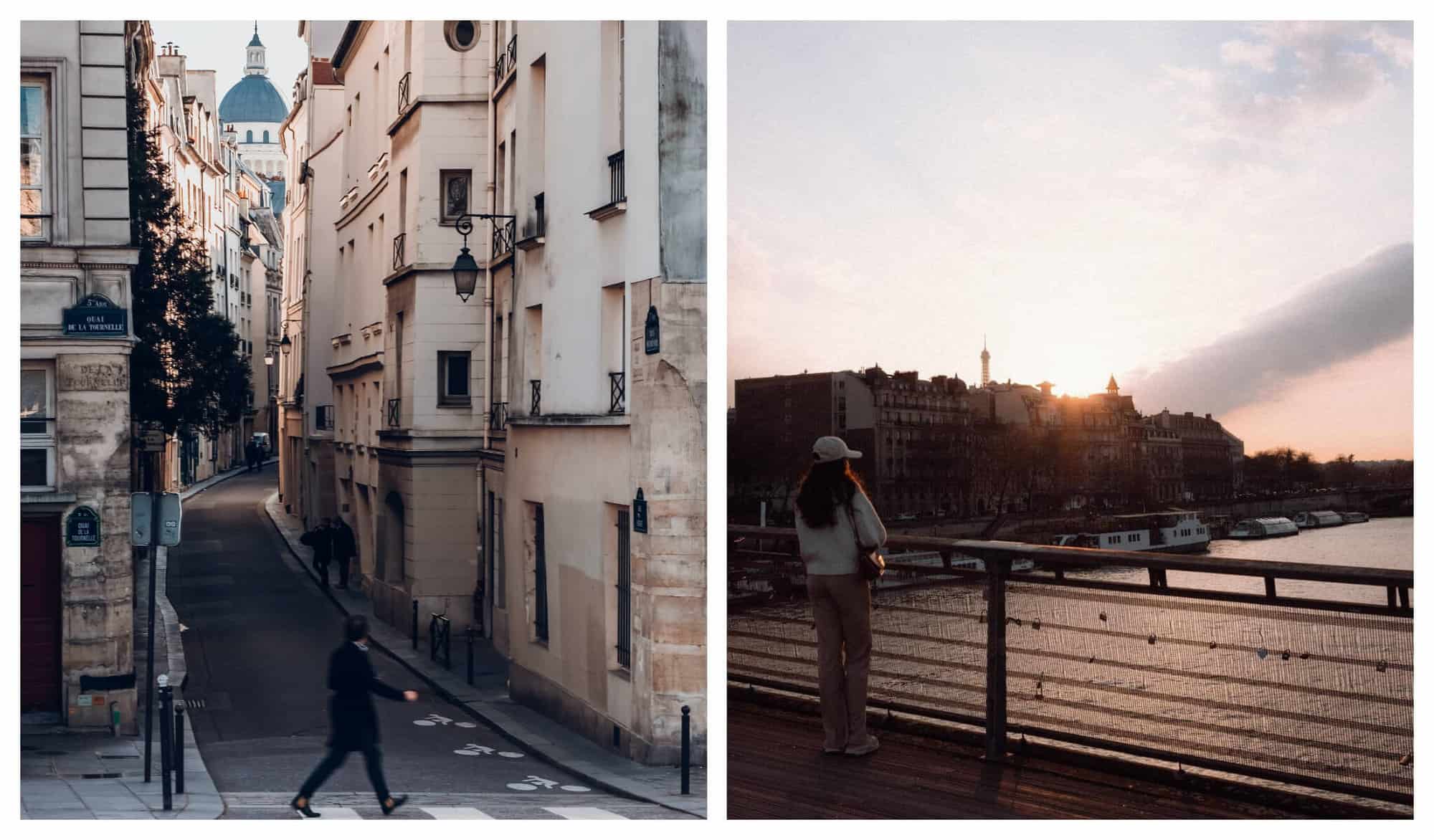 Left: A man walks through a crosswalk and looks down the cross street in Montmartre, Paris. Right: A woman with a white baseball hat watches the boats on the Seine go by at sunset.