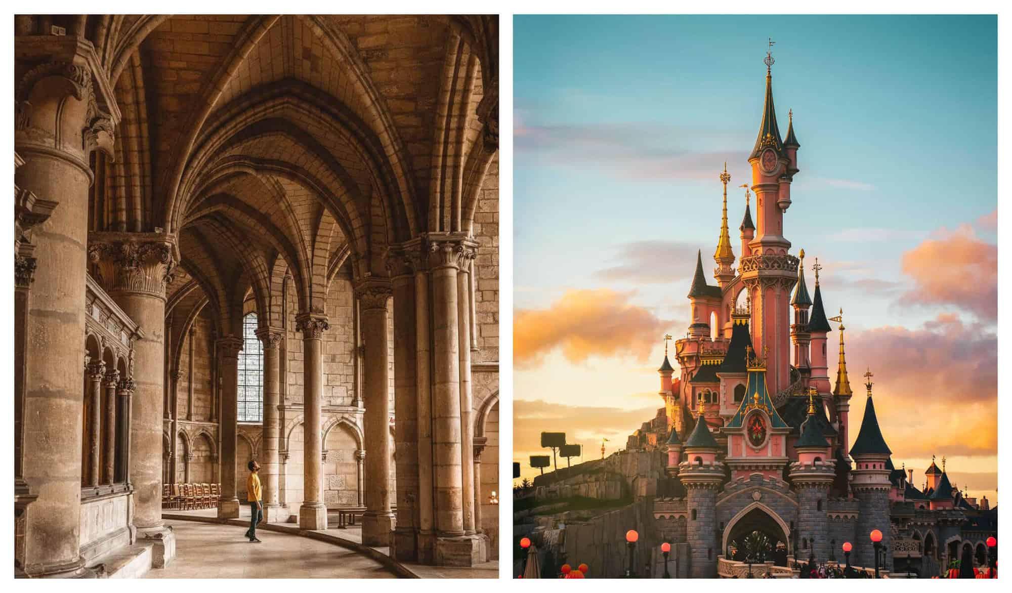 Left: A man in yellow shirt gazes at the ceiling inside of a gothic church. Right: A fairy tale castle in pink and blue at Disneyland.