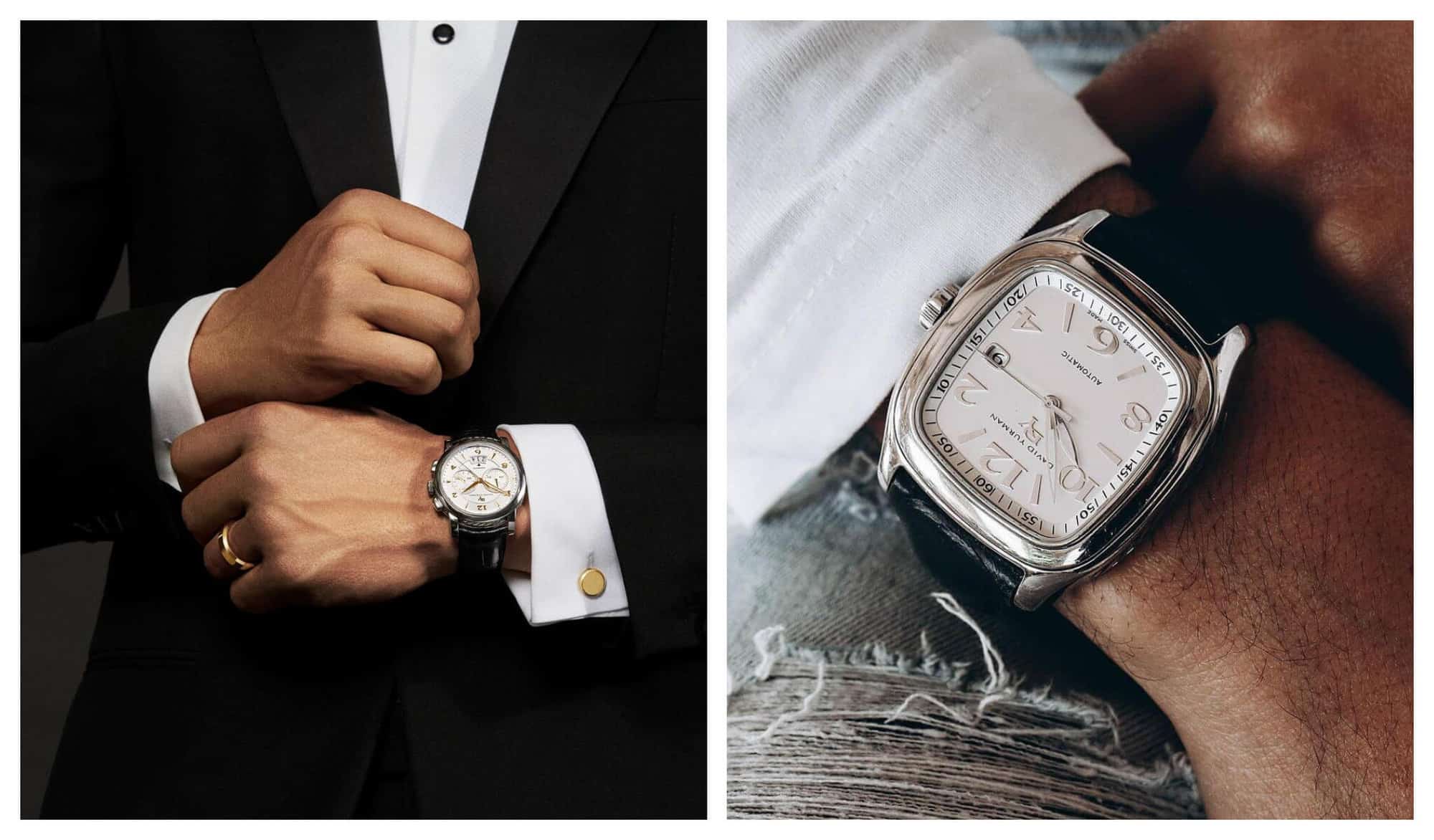 Right: A man in a tuxedo suit clips his cuffs and is wearing a watch. Right: A close up of a wrist watch with silver details and black leather straps.