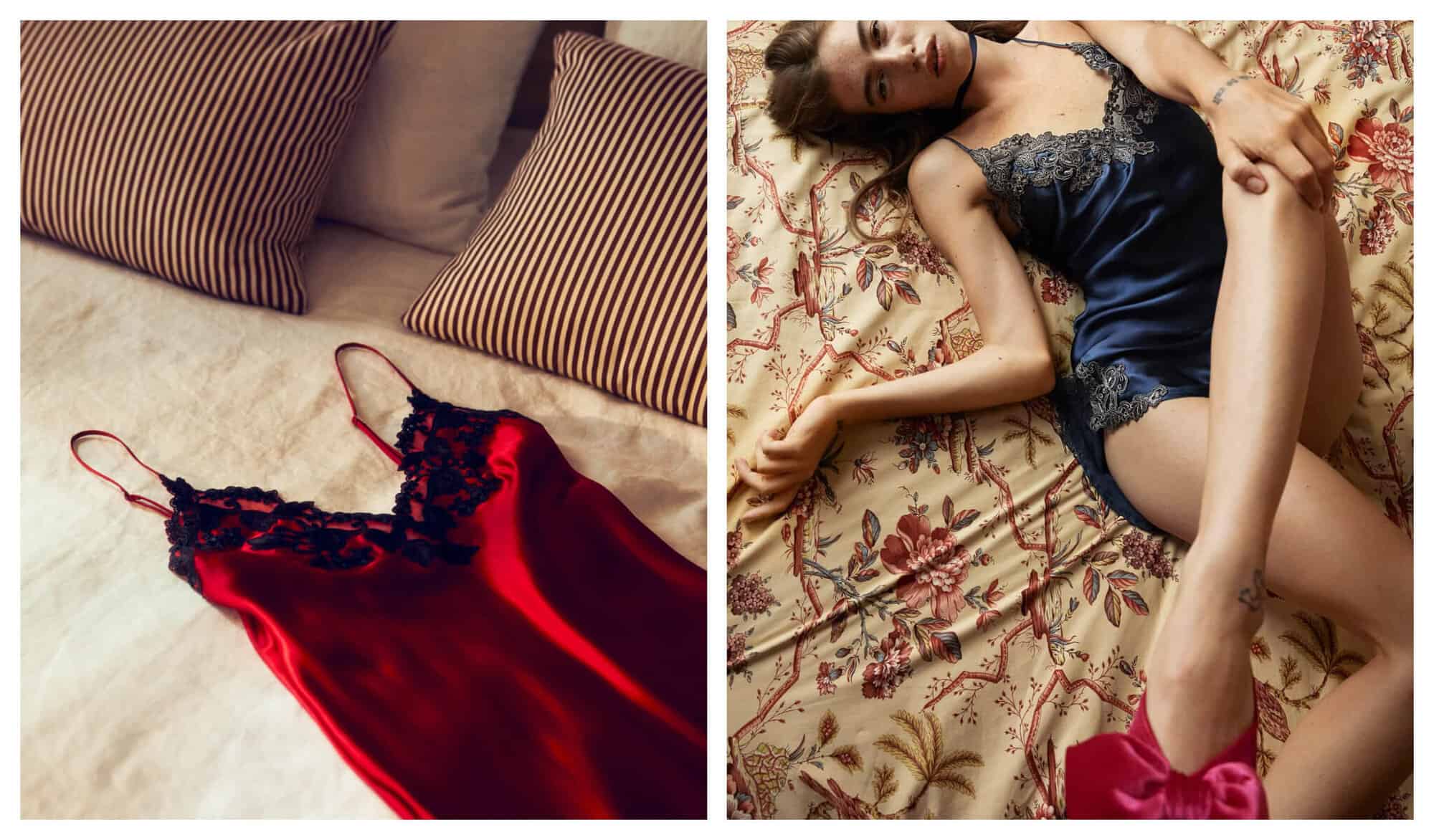 Right: A silk night slip for women in red lays in a beige bed. Right: A woman dressed in a blue silk slip lies on a bed.