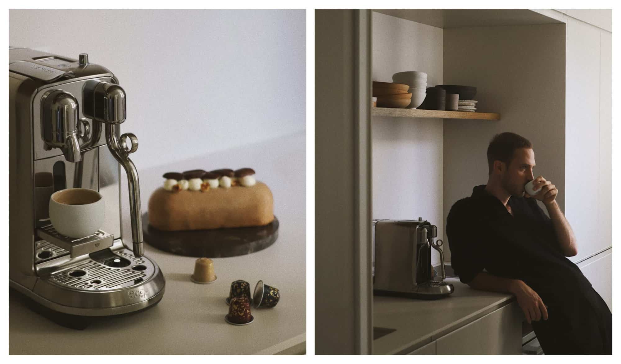 Right: A silver coffee machine with a white espresso mug and black capsules. Right: A man drinks his espresso beside a silver espresso machine.