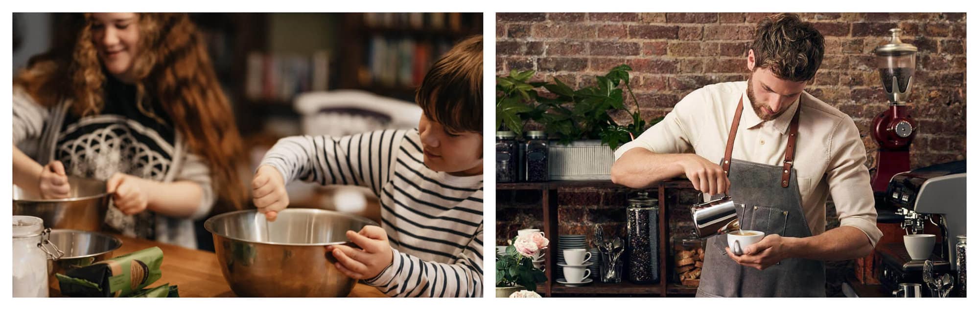 Left: Children stirring their silver bowls at their cooking class. Right: A male barista in a gray apron and white long sleeved shirt pours milk in a cup of coffee.
