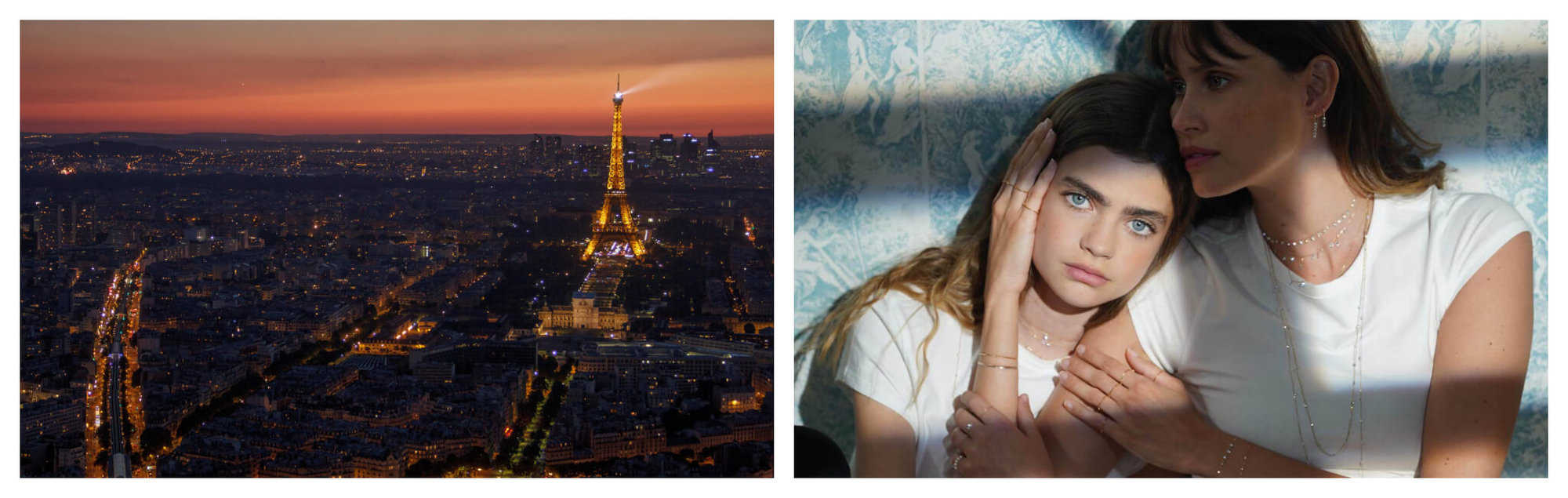 Right: The Eiffel Tower is lit up in the midst of the Parisian cityscape. Right: A mother and daughter wearing diamond necklaces and white t-shirts.