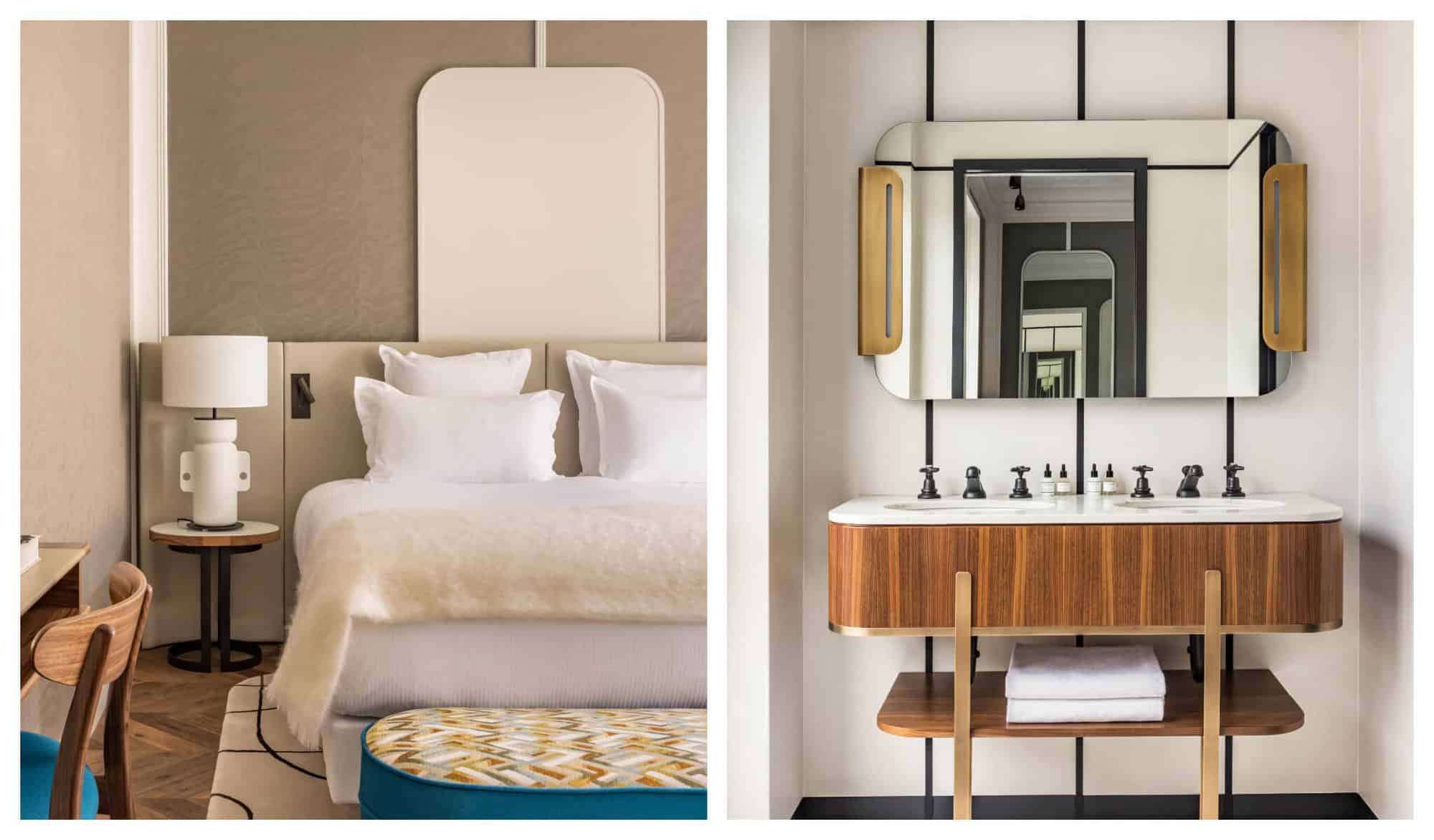 Left: A bedroom with white pillows, cream-colored walls at the Pavillon Faubourg Saint-Germain, and a white bedside lamp. Right: A bathroom sink with a large rectangle mirror held by two bronze plates in one of the luxury rooms at Paris's Pavillon Faubourg Saint-Germain.