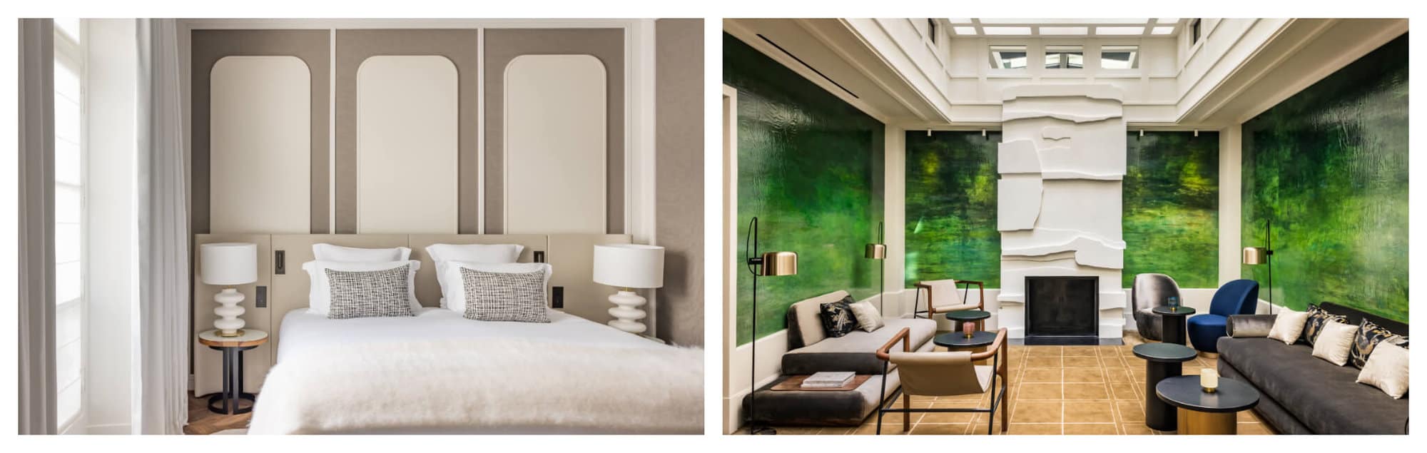 Left: A bedroom with white bedsheet, beige walls, and white night lamps at the Pavillon Faubourg Saint-Germain hotel. Right: A lounge at the Pavillon Faubourg Saint-Germain with green walls, brown floor, and a white fireplace in the middle.